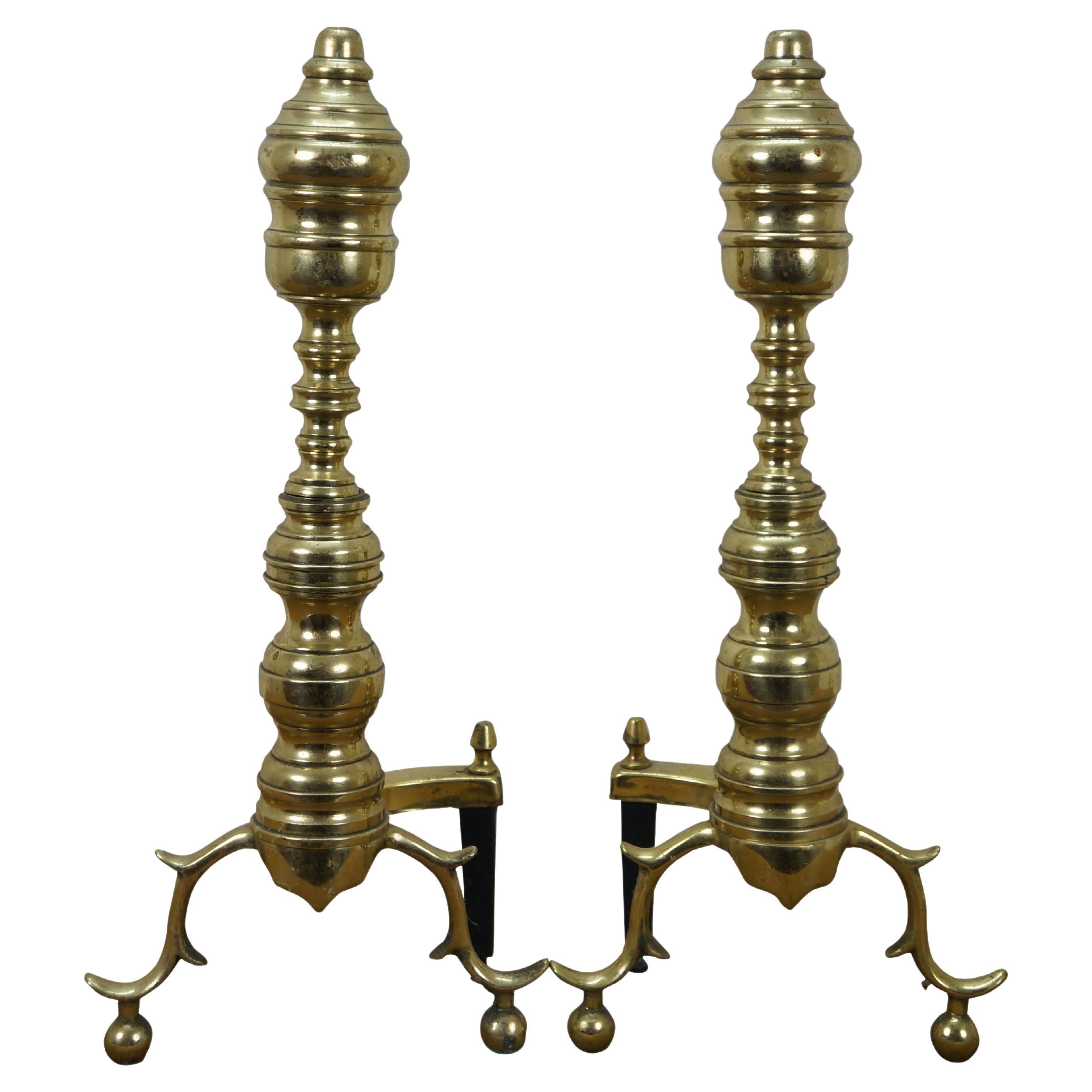 Antique Georgian Colonial Revival Brass Beehive Fire Dog Andirons 20" For Sale