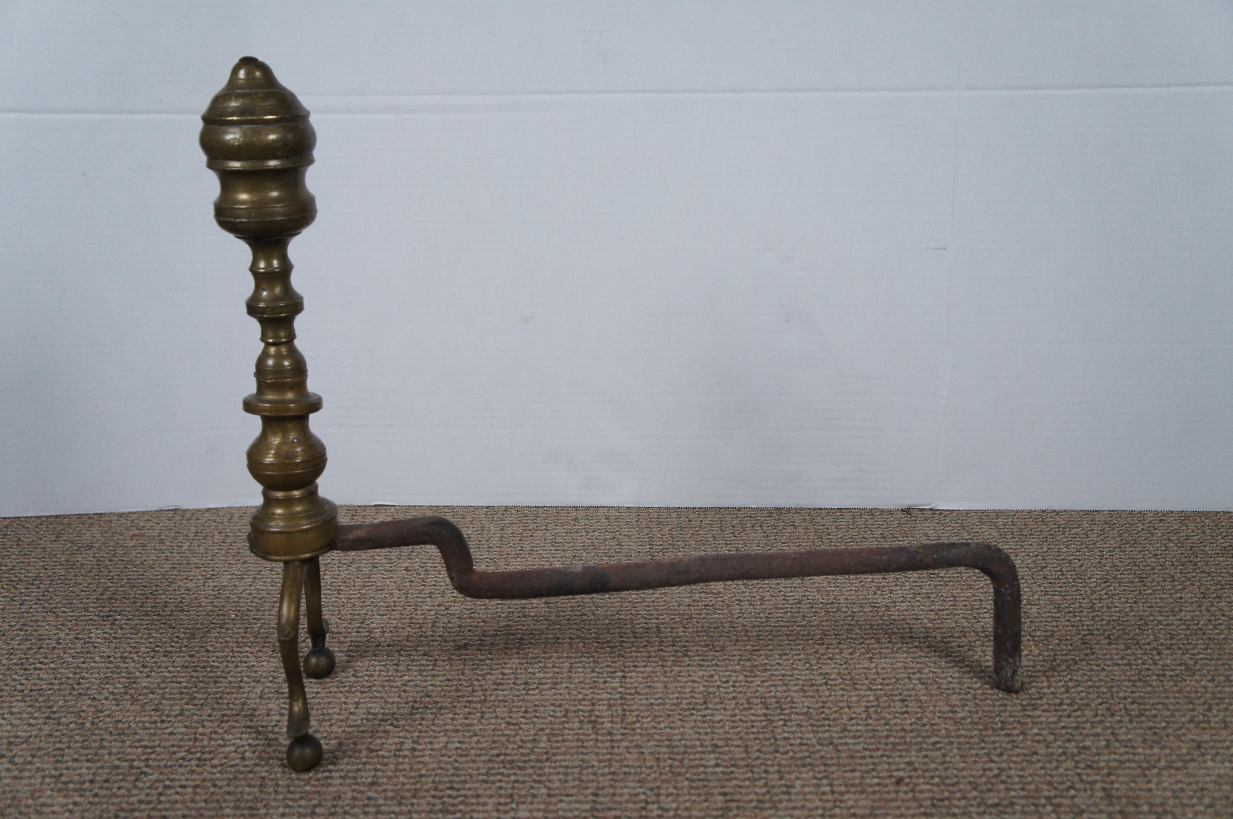 Antique Georgian Colonial Revival Brass Beehive Fireplace Andirons Firedogs 17