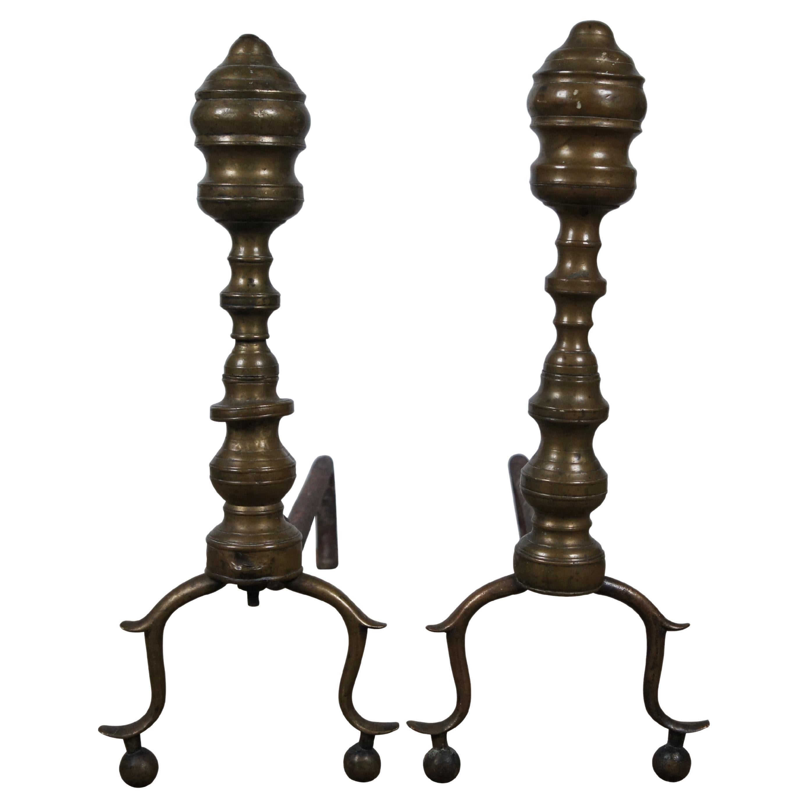 Antique Georgian Colonial Revival Brass Beehive Fireplace Andirons Firedogs 17" For Sale