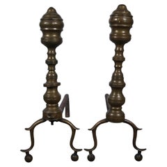 Antique Georgian Colonial Revival Brass Beehive Fireplace Andirons Firedogs 17"