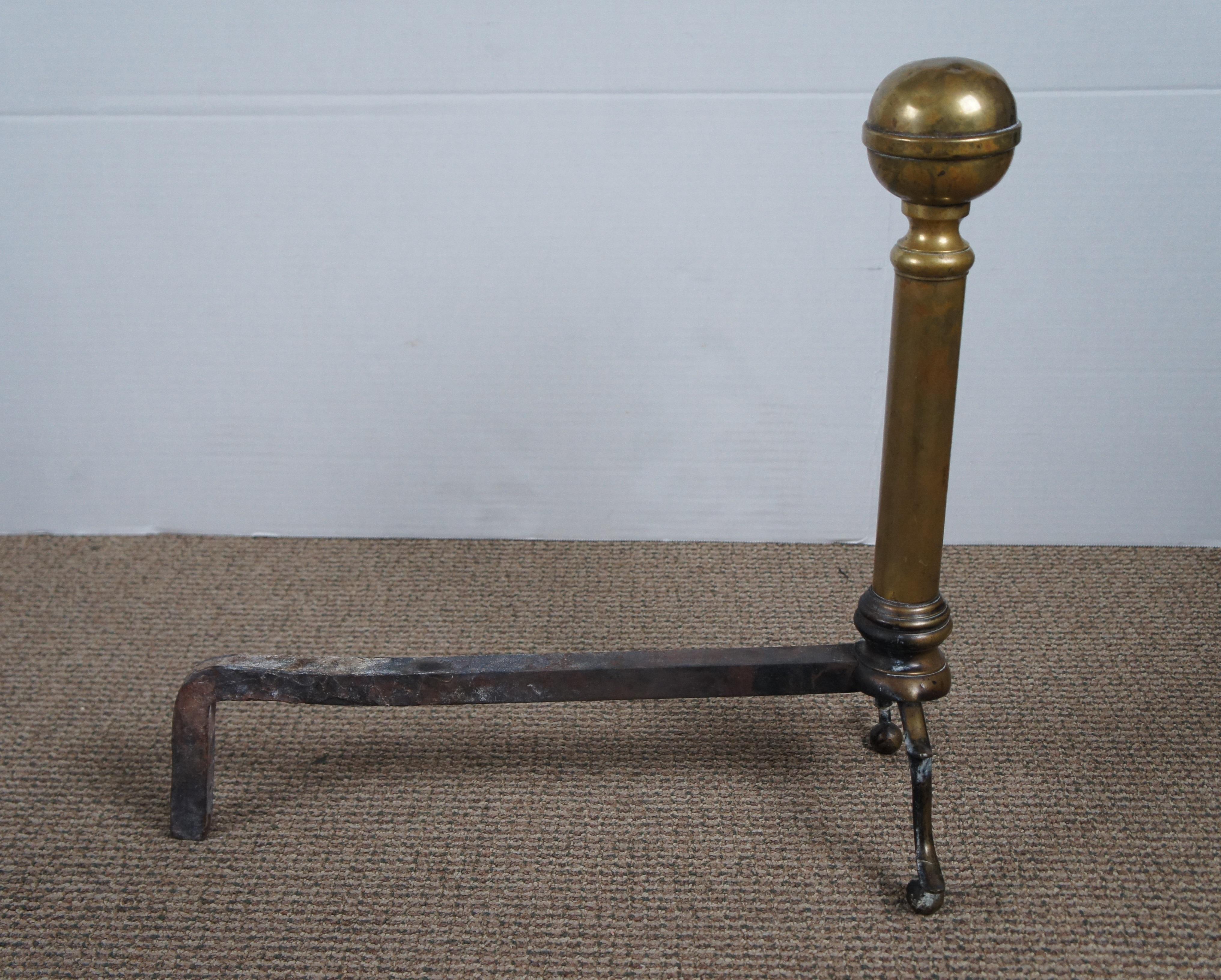 Antique Georgian Colonial Revival Brass Cannon Ball Fireplace Andirons Firedogs 6