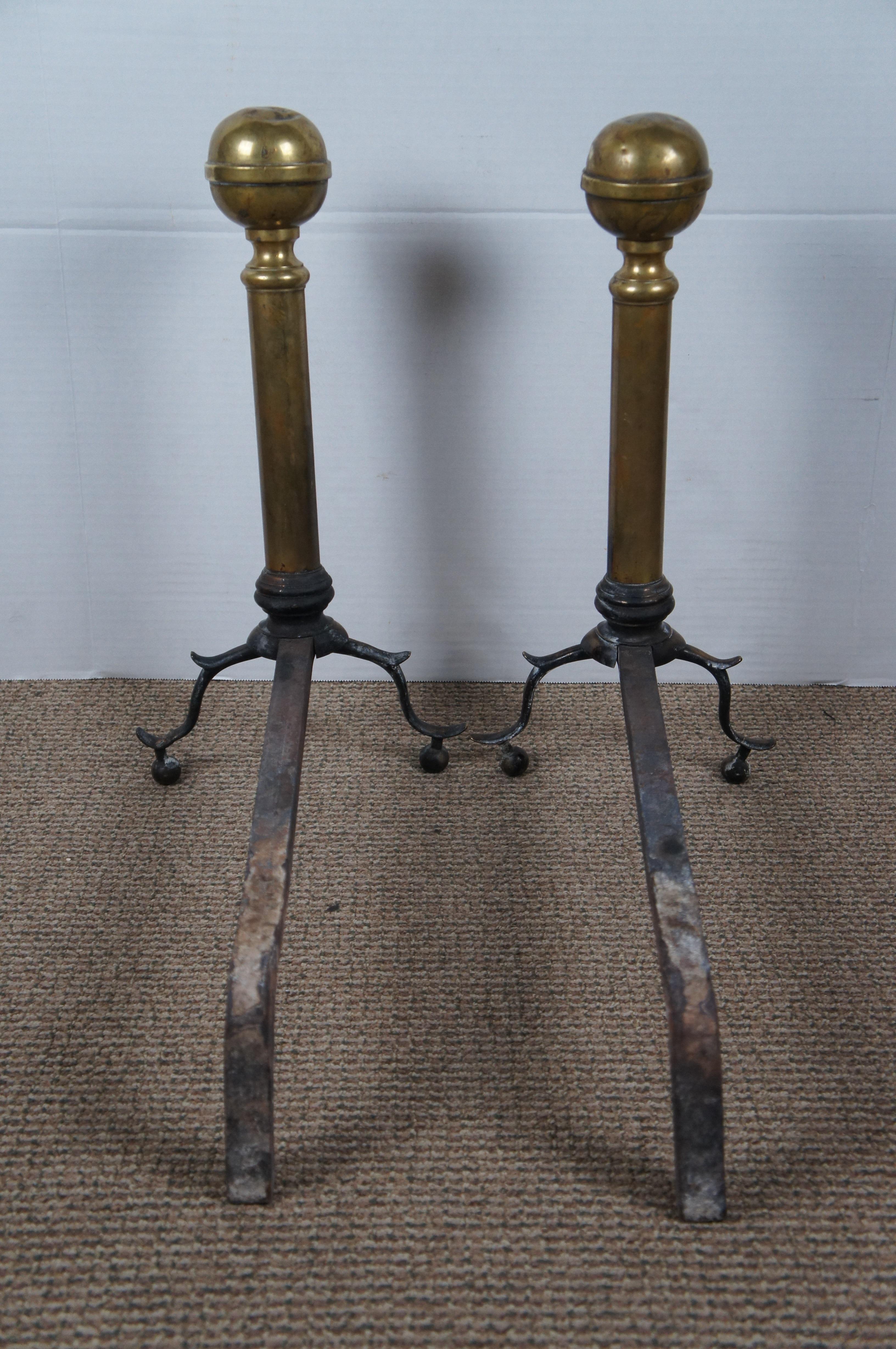 Antique Georgian Colonial Revival Brass Cannon Ball Fireplace Andirons Firedogs 8