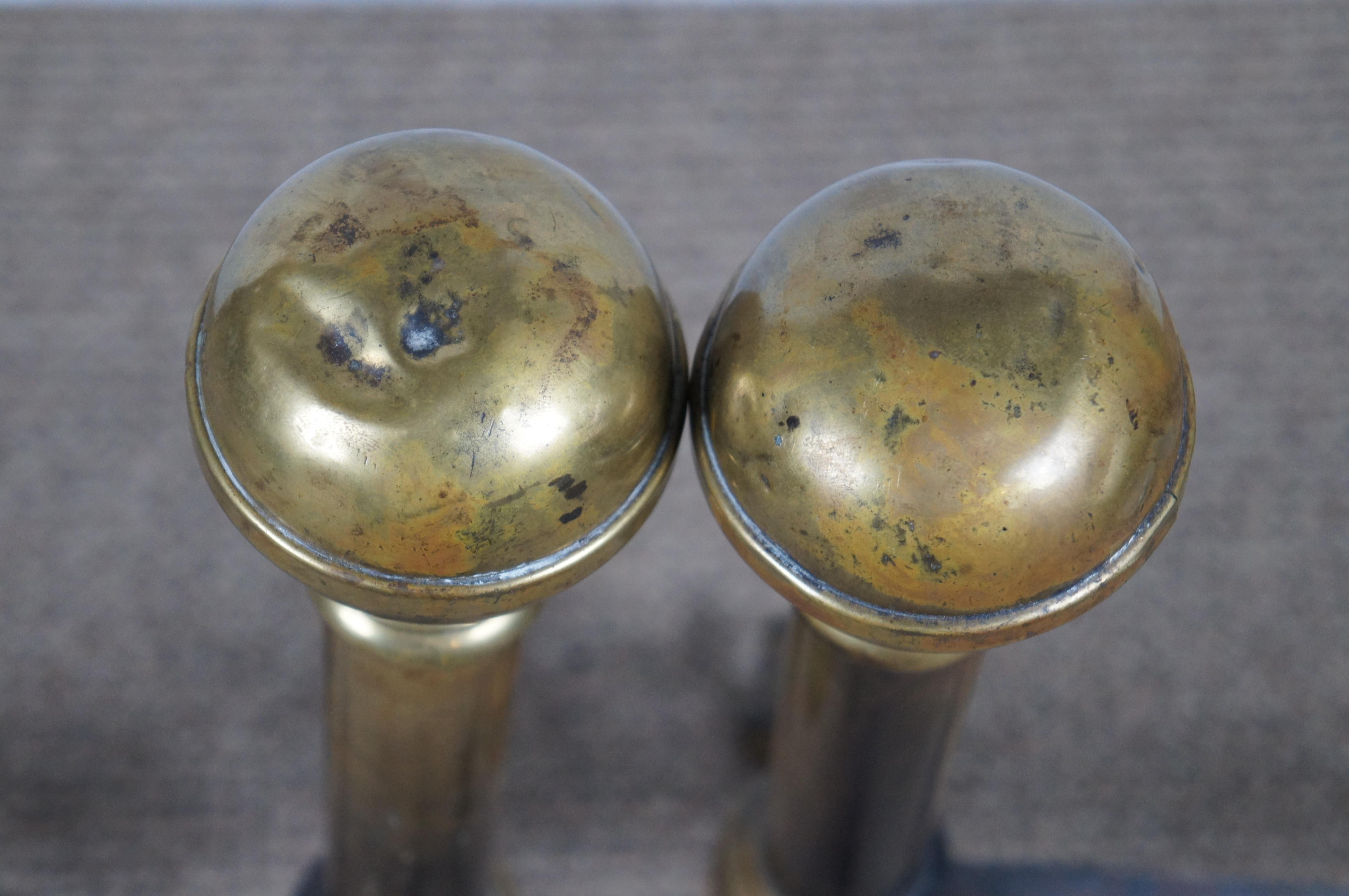 19th Century Antique Georgian Colonial Revival Brass Cannon Ball Fireplace Andirons Firedogs