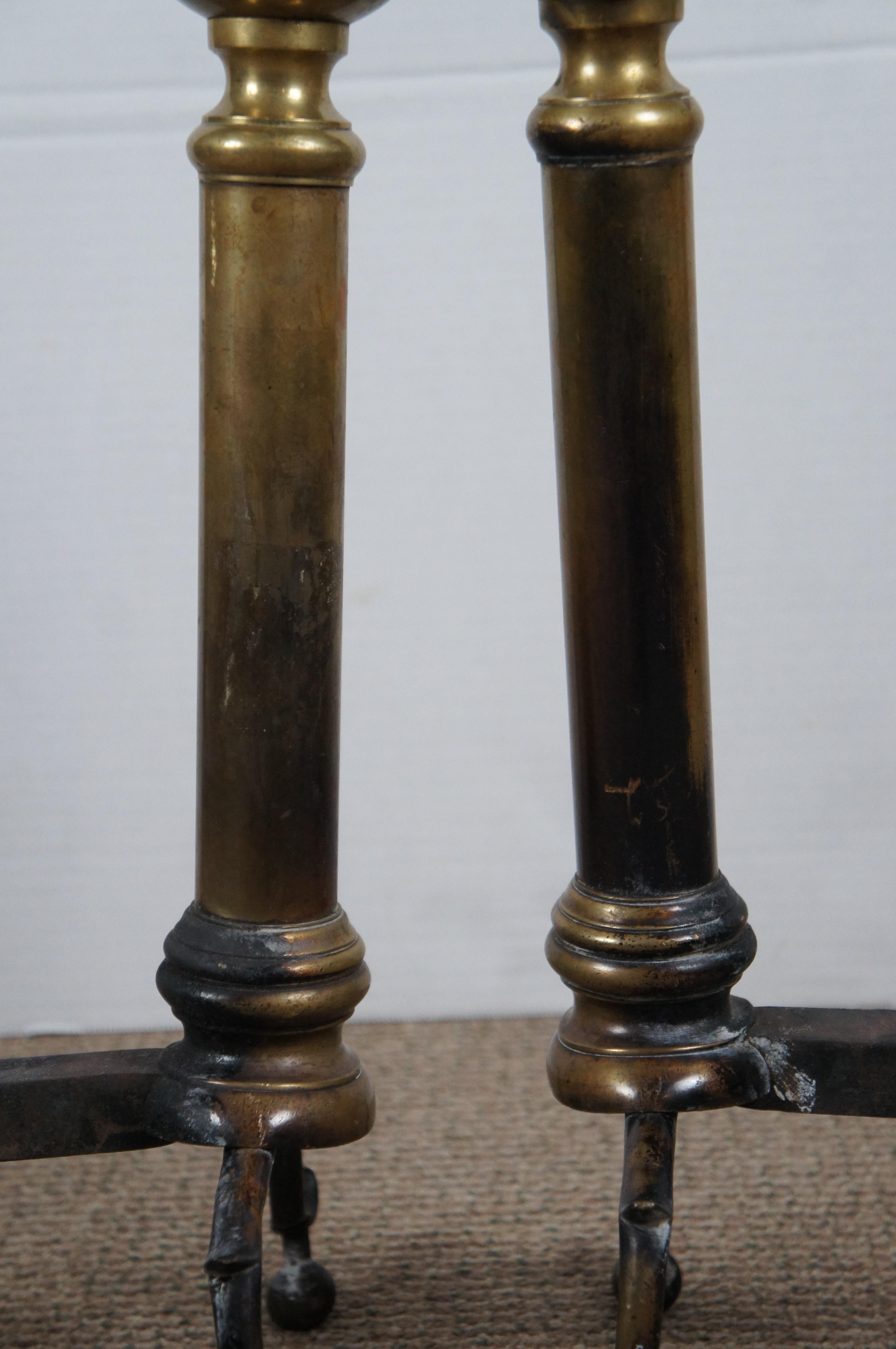 Antique Georgian Colonial Revival Brass Cannon Ball Fireplace Andirons Firedogs 1