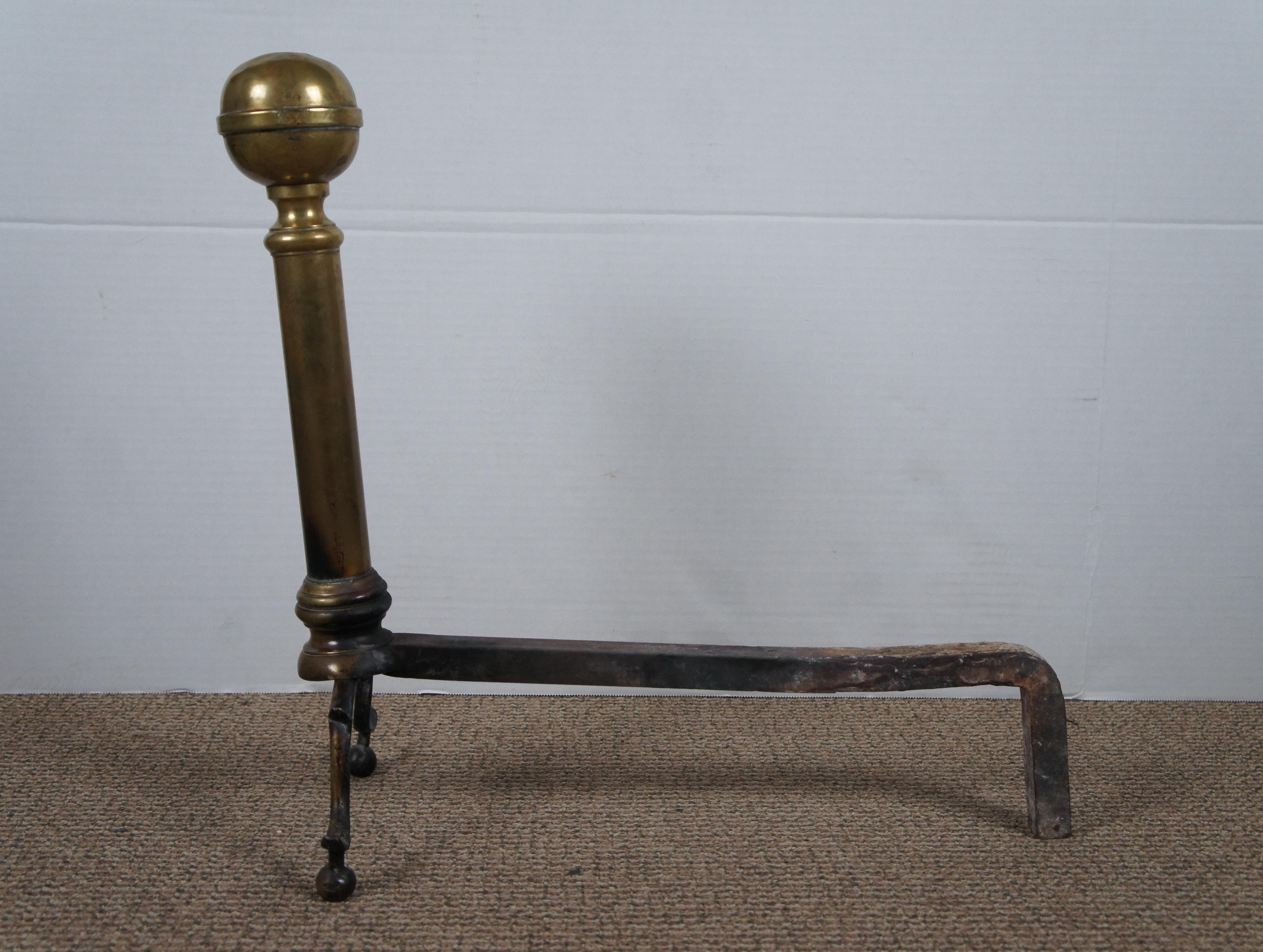 Antique Georgian Colonial Revival Brass Cannon Ball Fireplace Andirons Firedogs 5