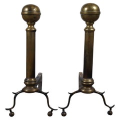 Antique Georgian Colonial Revival Brass Cannon Ball Fireplace Andirons Firedogs