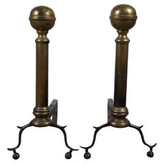 Retro Georgian Colonial Revival Brass Cannon Ball Fireplace Andirons Firedogs