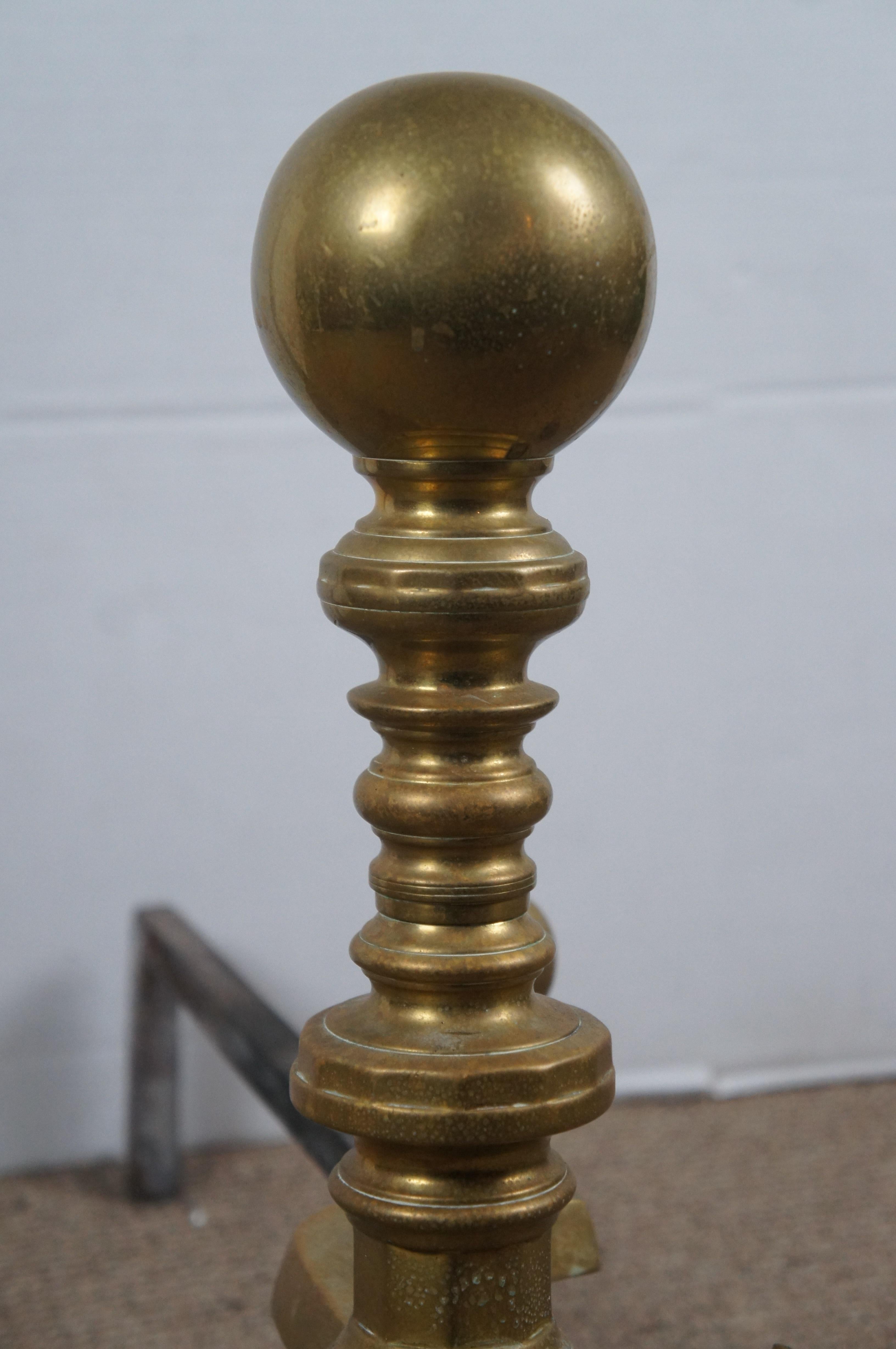 Antique Georgian Colonial Revival Brass Cannonball Andirons Fireplace Fire Dogs For Sale 7