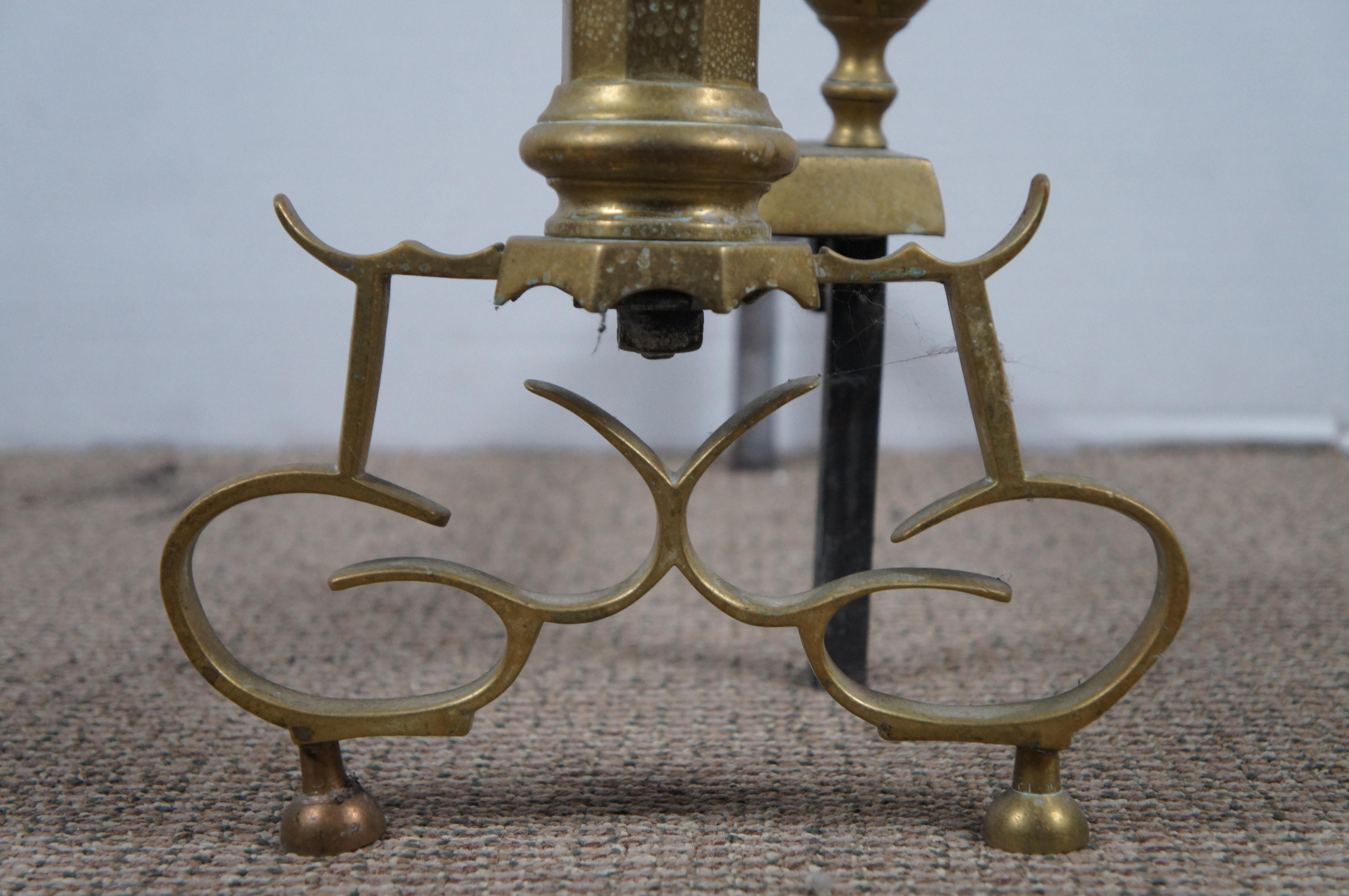 Antique Georgian Colonial Revival Brass Cannonball Andirons Fireplace Fire Dogs For Sale 8