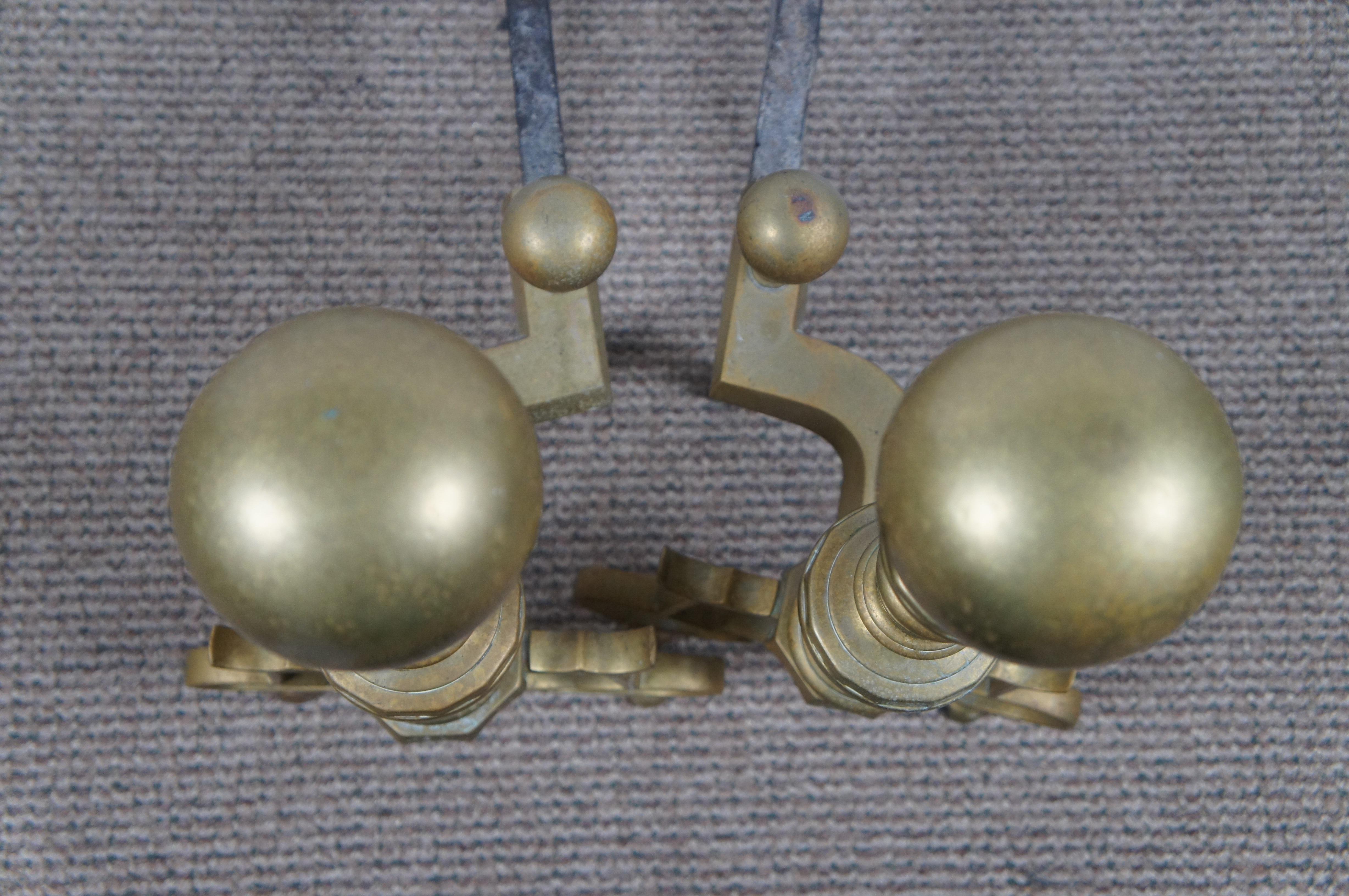 19th Century Antique Georgian Colonial Revival Brass Cannonball Andirons Fireplace Fire Dogs For Sale