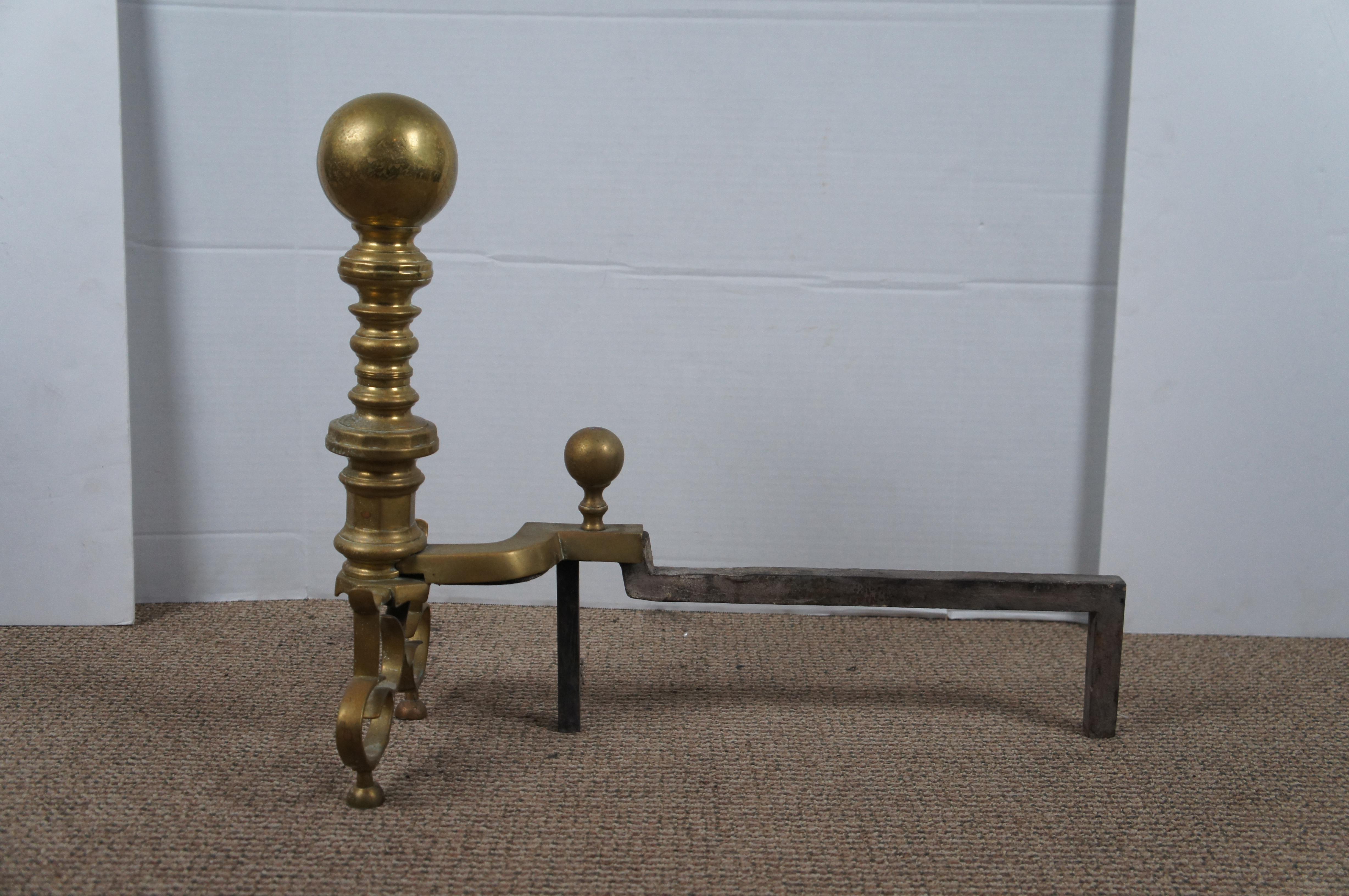 Antique Georgian Colonial Revival Brass Cannonball Andirons Fireplace Fire Dogs For Sale 1