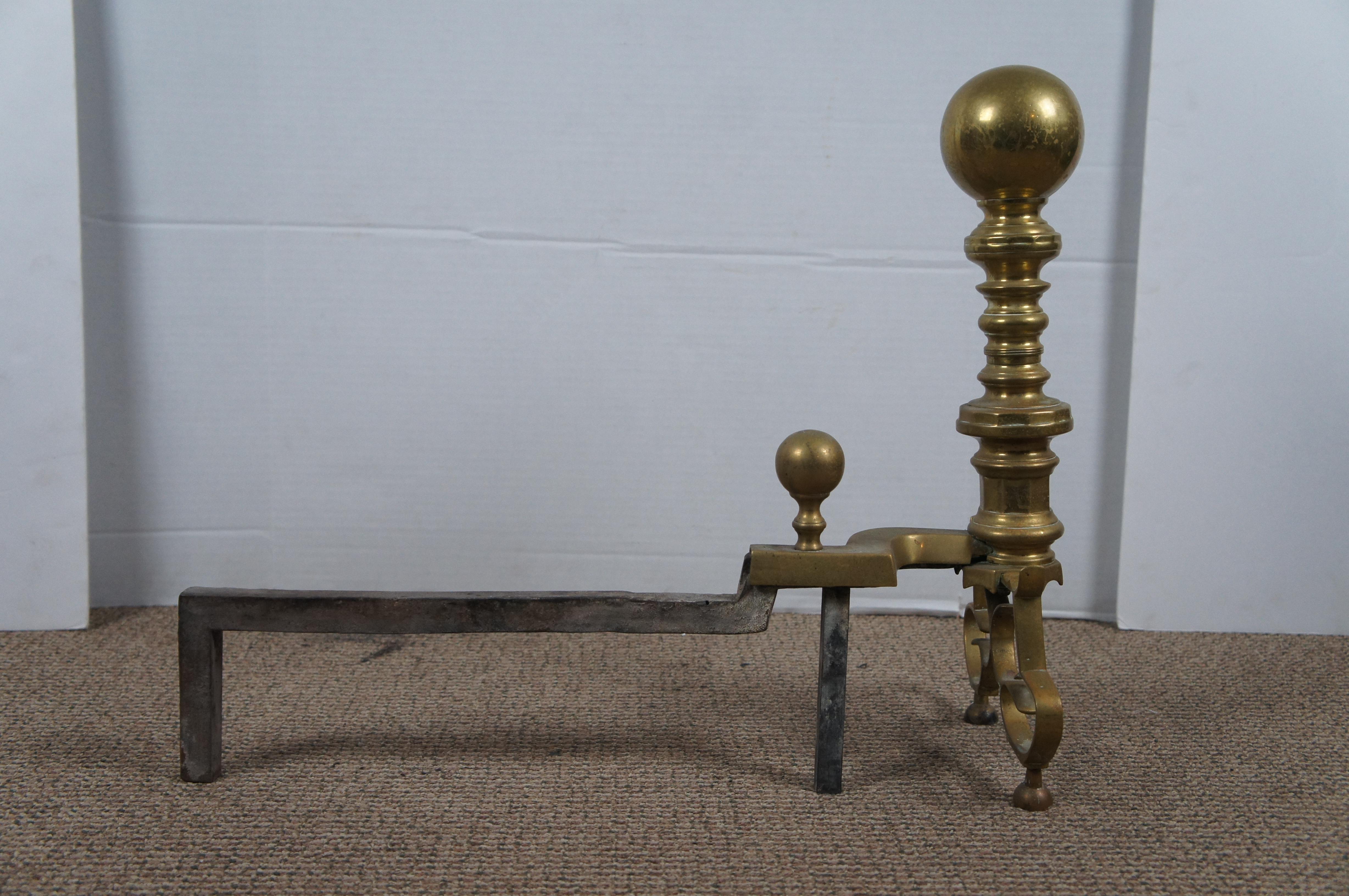 Antique Georgian Colonial Revival Brass Cannonball Andirons Fireplace Fire Dogs For Sale 2