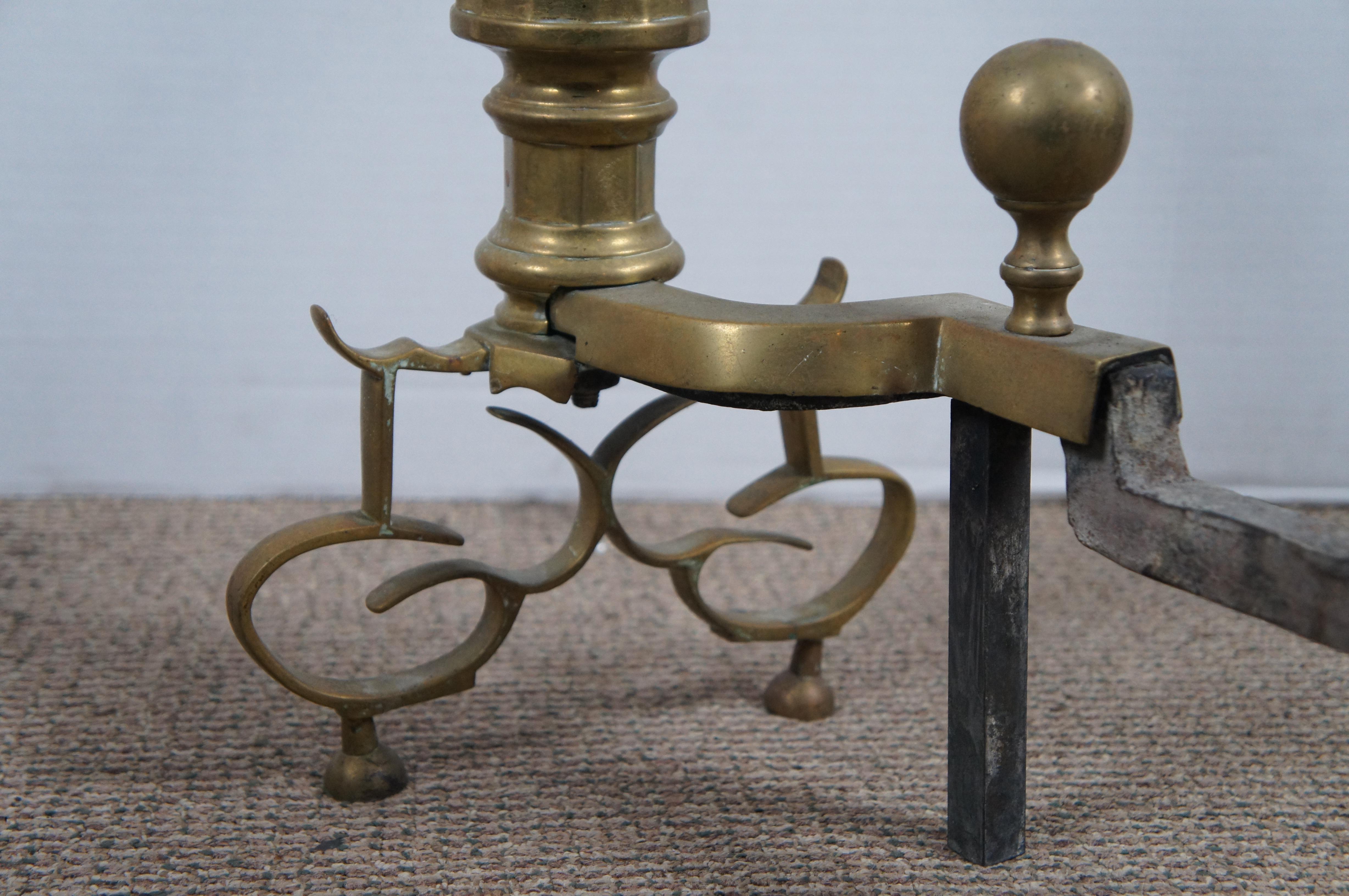 Antique Georgian Colonial Revival Brass Cannonball Andirons Fireplace Fire Dogs For Sale 5