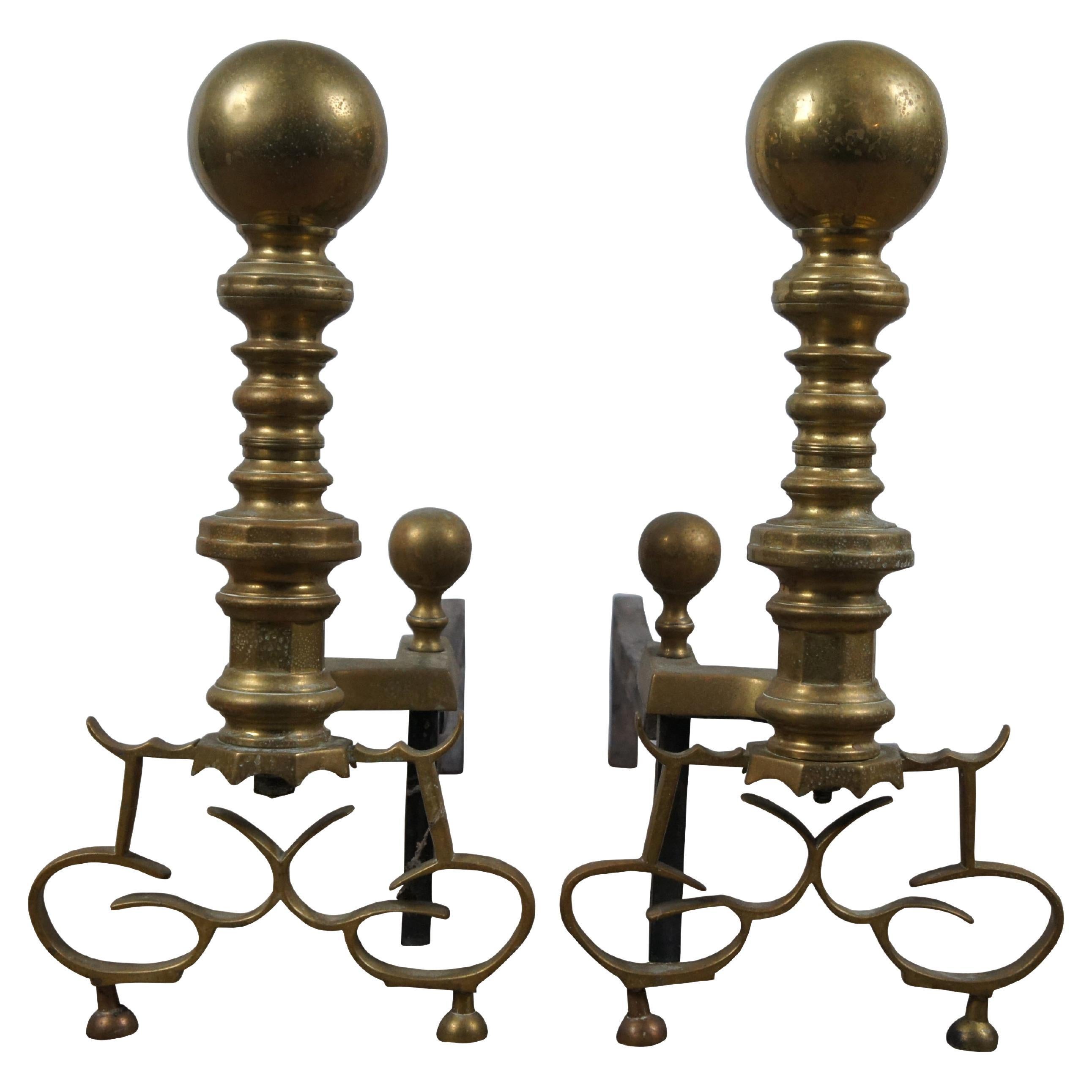 Antique Georgian Colonial Revival Brass Cannonball Andirons Fireplace Fire Dogs For Sale