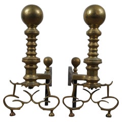 Antique Georgian Colonial Revival Brass Cannonball Andirons Fireplace Fire Dogs