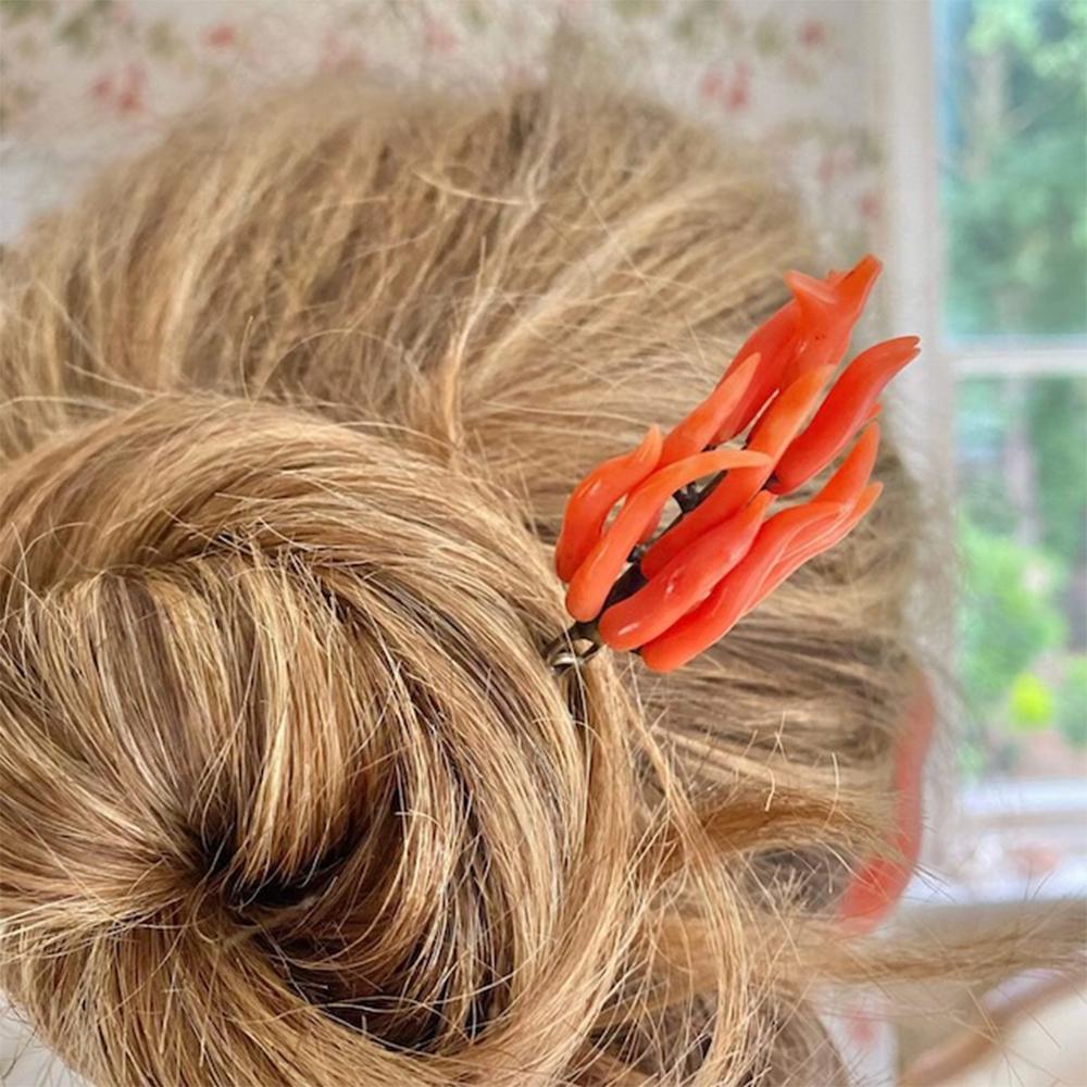 Mixed Cut Antique Georgian Coral Hair Slide Pin Brooch For Sale
