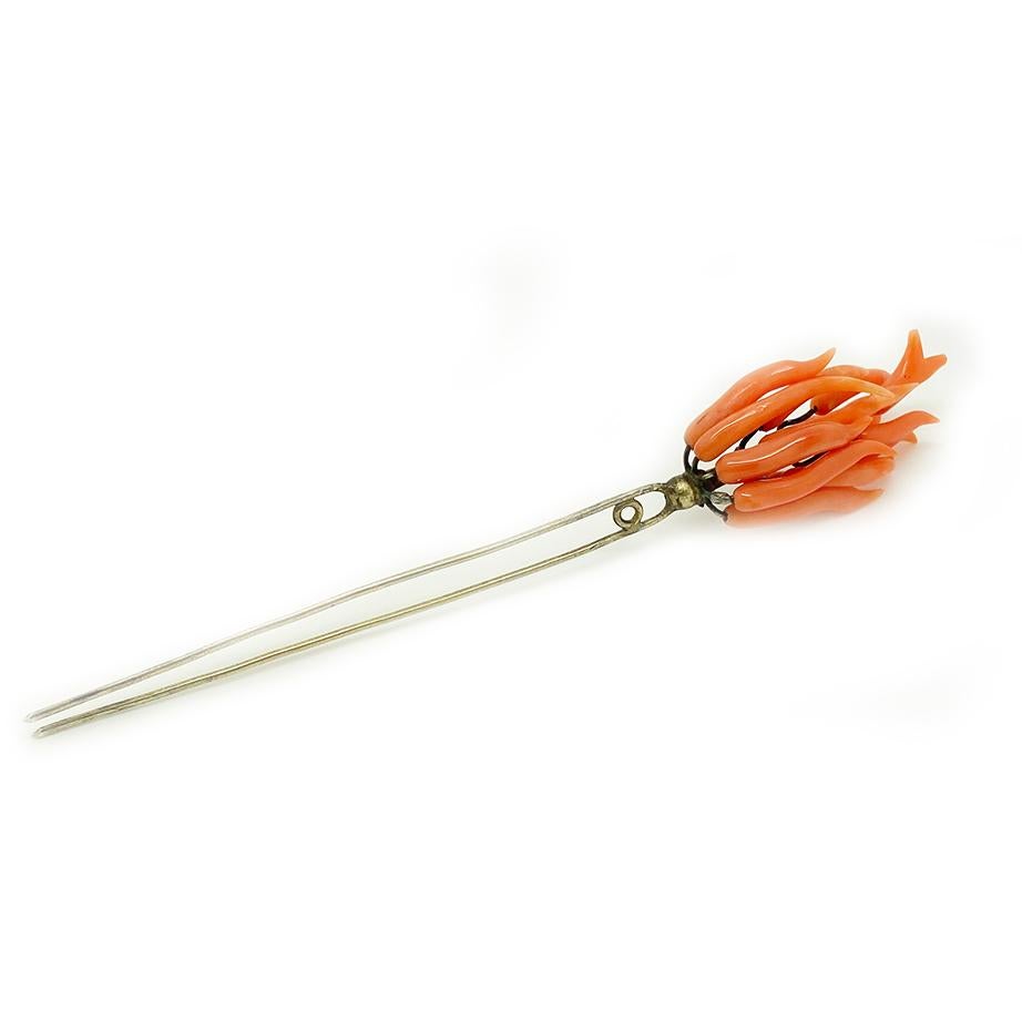 Women's Antique Georgian Coral Hair Slide Pin Brooch For Sale