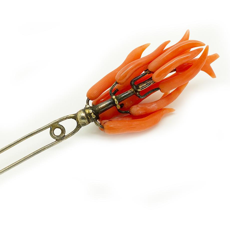 Antique Georgian Coral Hair Slide Pin Brooch For Sale 1