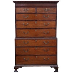 Antique Georgian Crossbanded Oak Tallboy Chest on Chest of Drawers