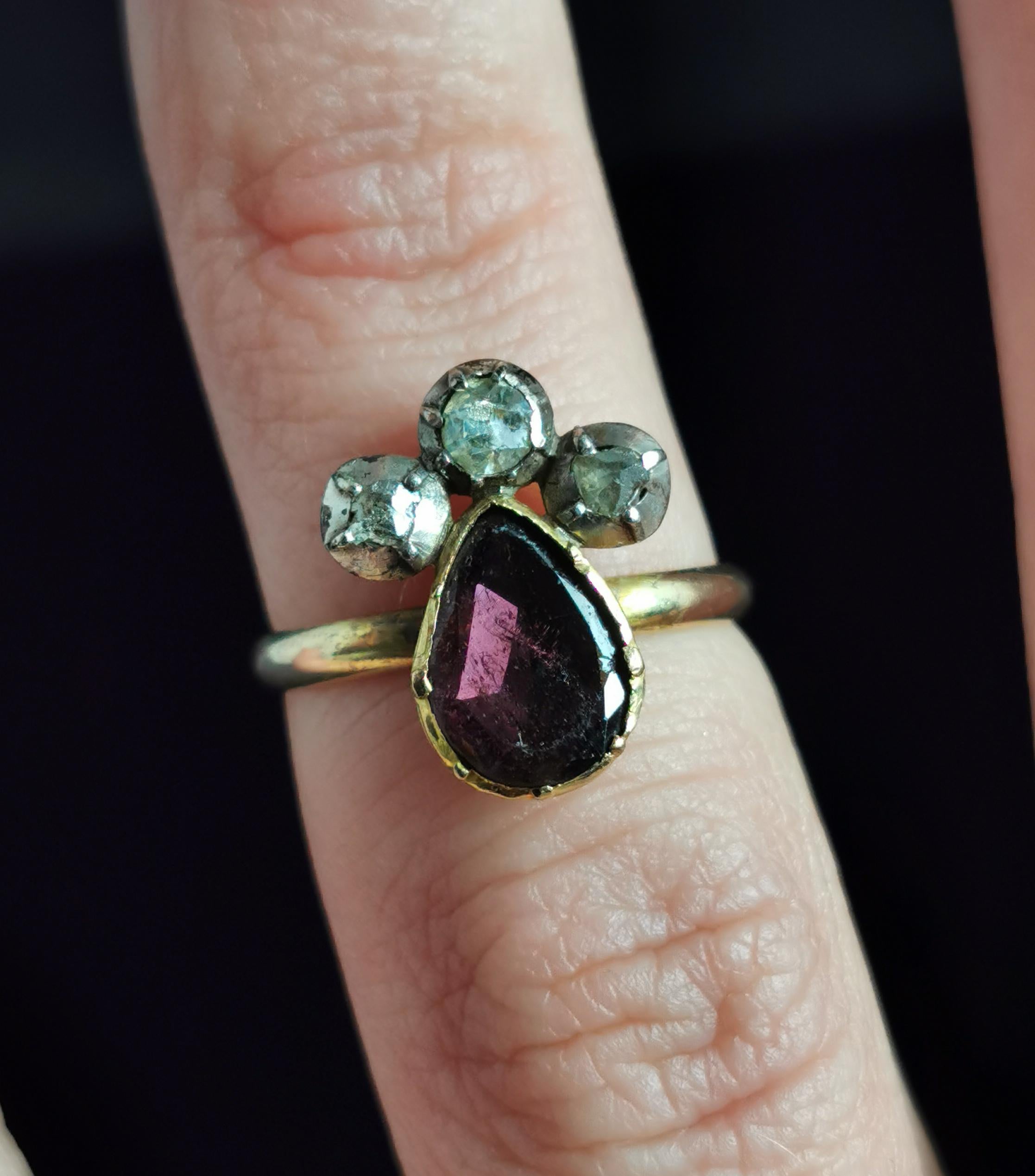 Antiker georgianischer Herzring mit Krone, Granat im Flachschliff und Diamant im Rosenschliff 6