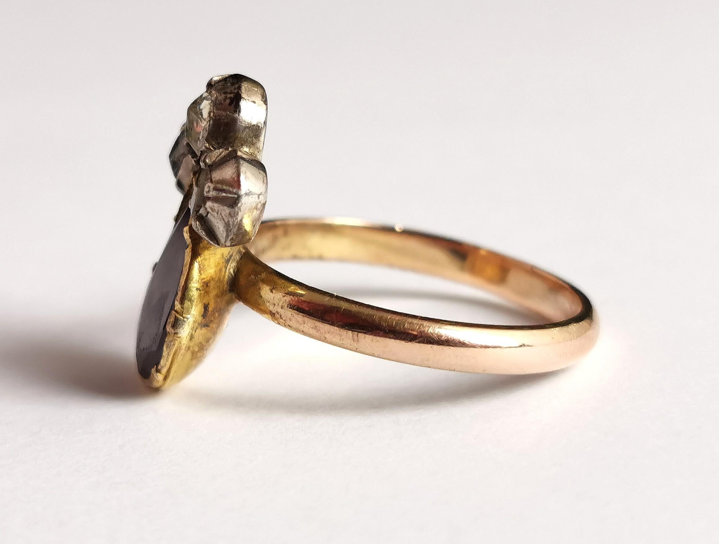 Antiker georgianischer Herzring mit Krone, Granat im Flachschliff und Diamant im Rosenschliff 10