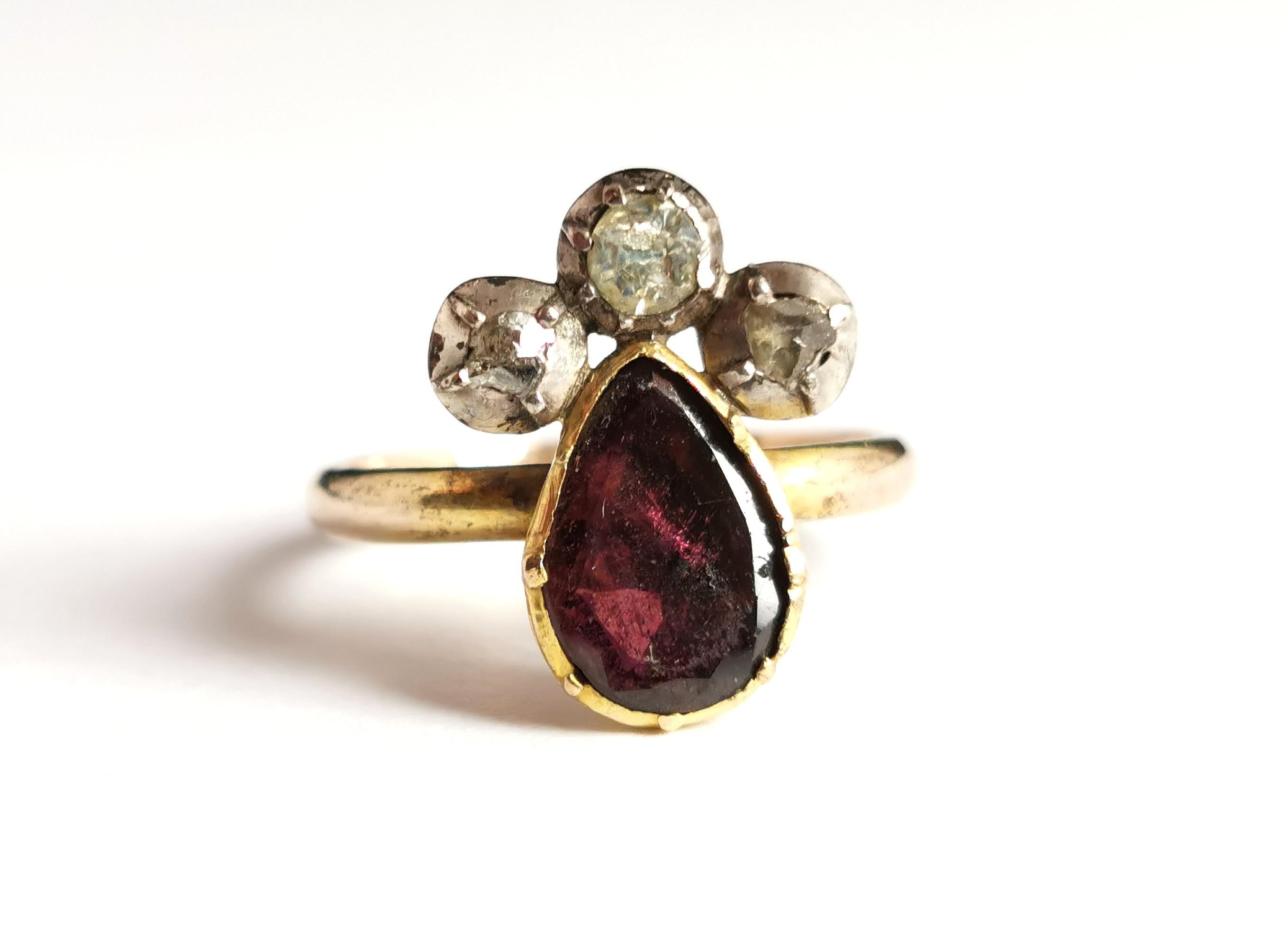 Antique Georgian Crowned Heart Ring, Flat Cut Garnet and Rose Cut Diamond 10