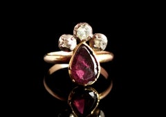 Antique Georgian Crowned Heart Ring, Flat Cut Garnet and Rose Cut Diamond