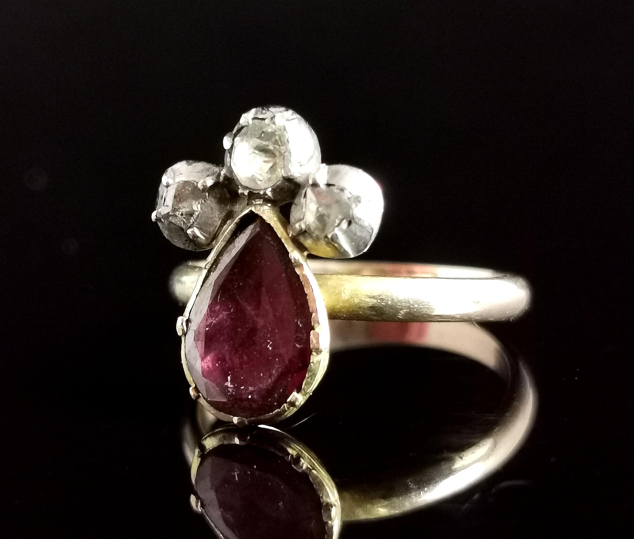 Antiker georgianischer Herzring mit Krone, Granat im Flachschliff und Diamant im Rosenschliff (Georgian)