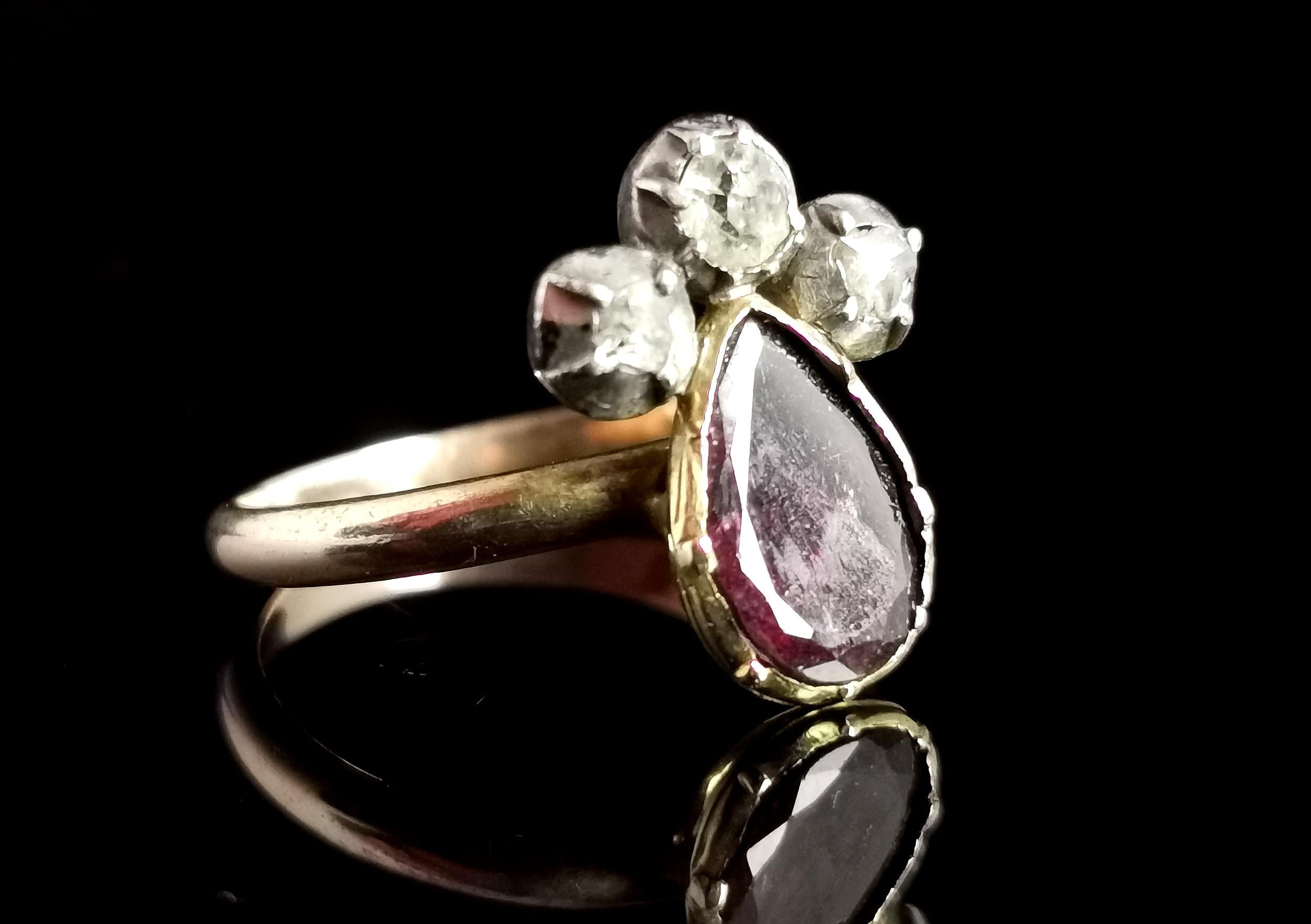 Antiker georgianischer Herzring mit Krone, Granat im Flachschliff und Diamant im Rosenschliff 2