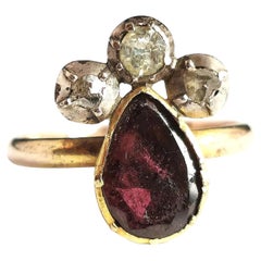 Antique Georgian Crowned Heart Ring, Flat Cut Garnet and Rose Cut Diamond