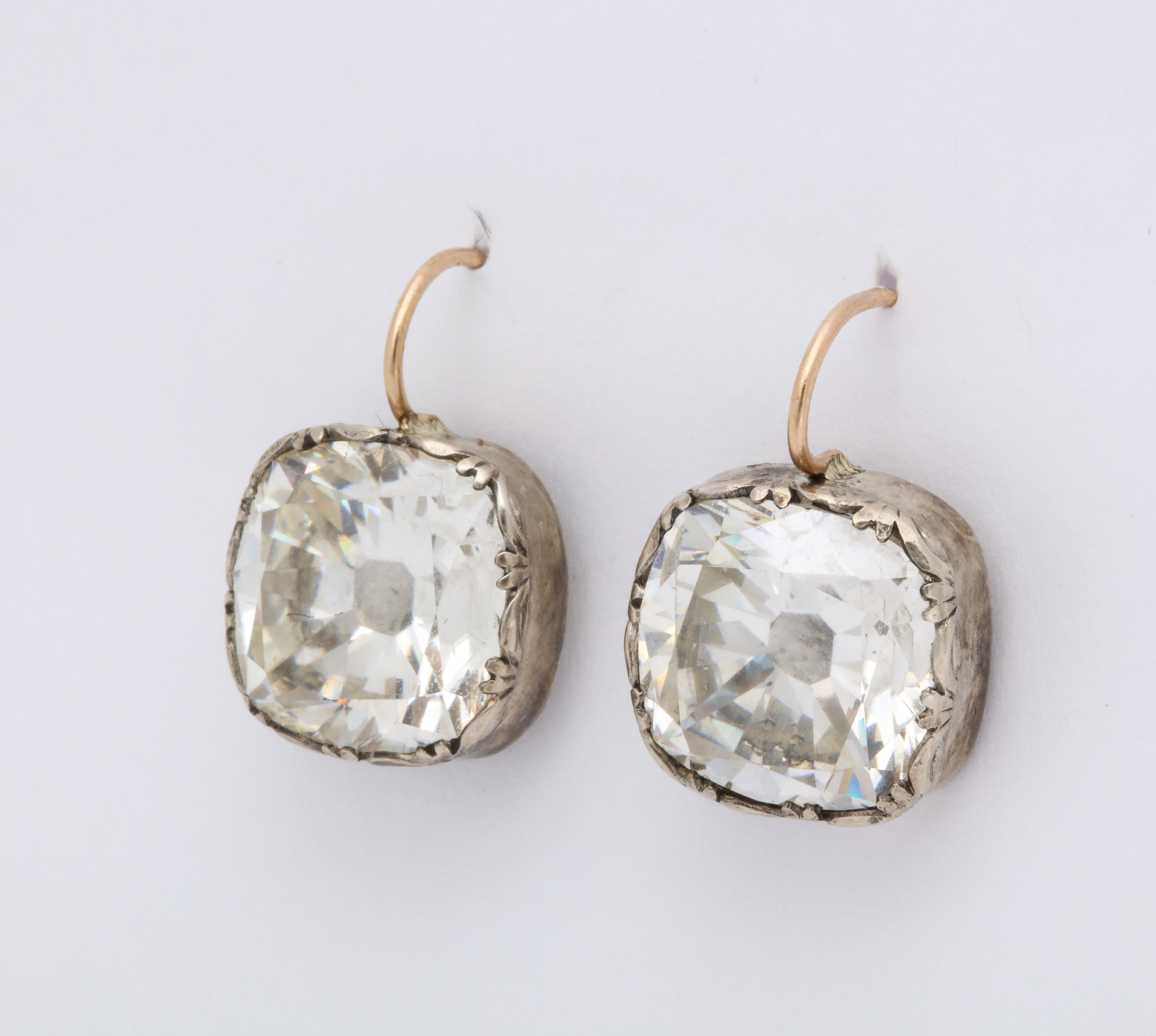 This is the last pair I now have of the most astounding pair of brilliant, foiled cushion cut, old miner paste drop earrings I have offered in 36 years, these Georgian earrings are approximately 6 to 7 Cts each adding the brilliance of beauty,  and