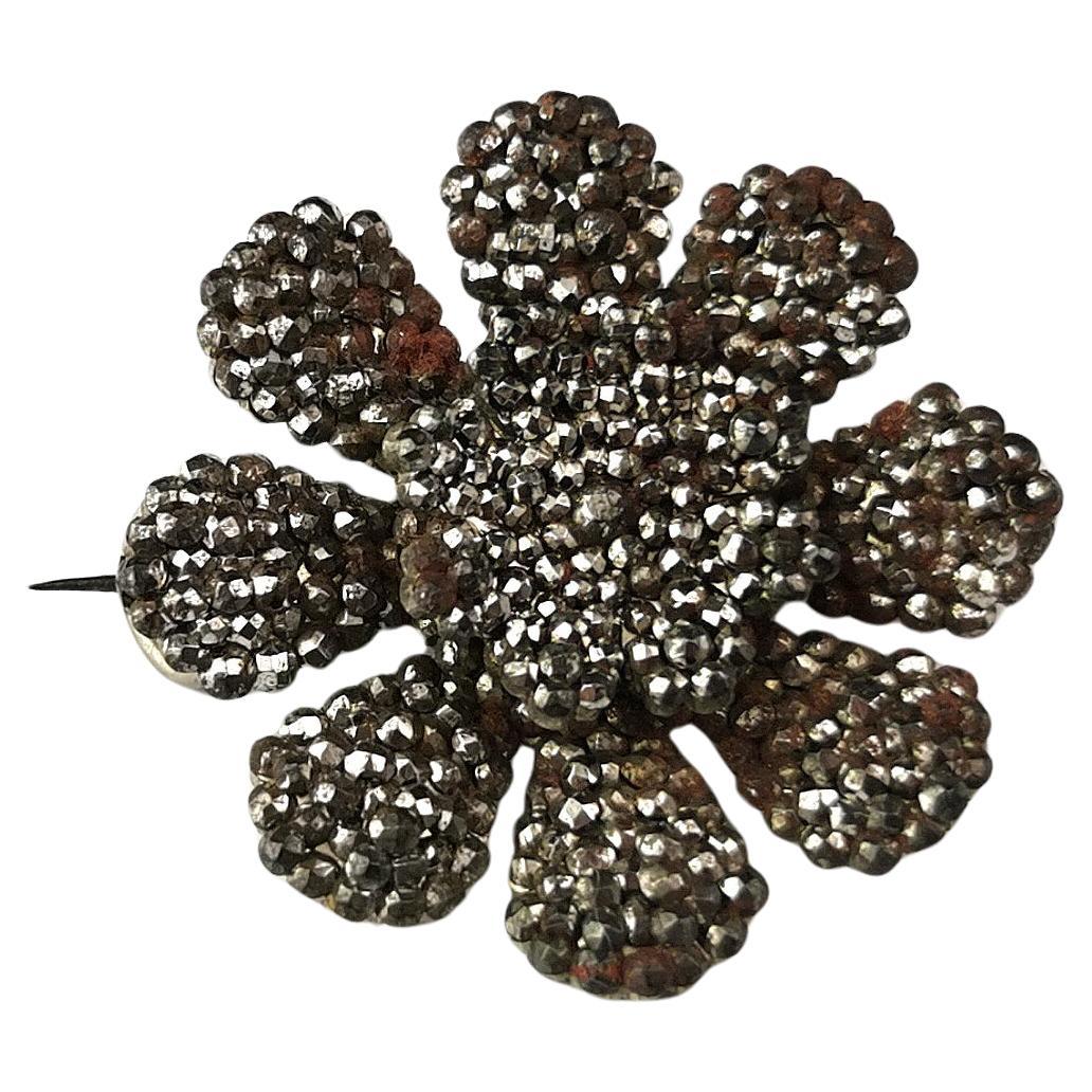 Antike georgianische Blumenbrosche aus geschliffenem Stahl im Angebot