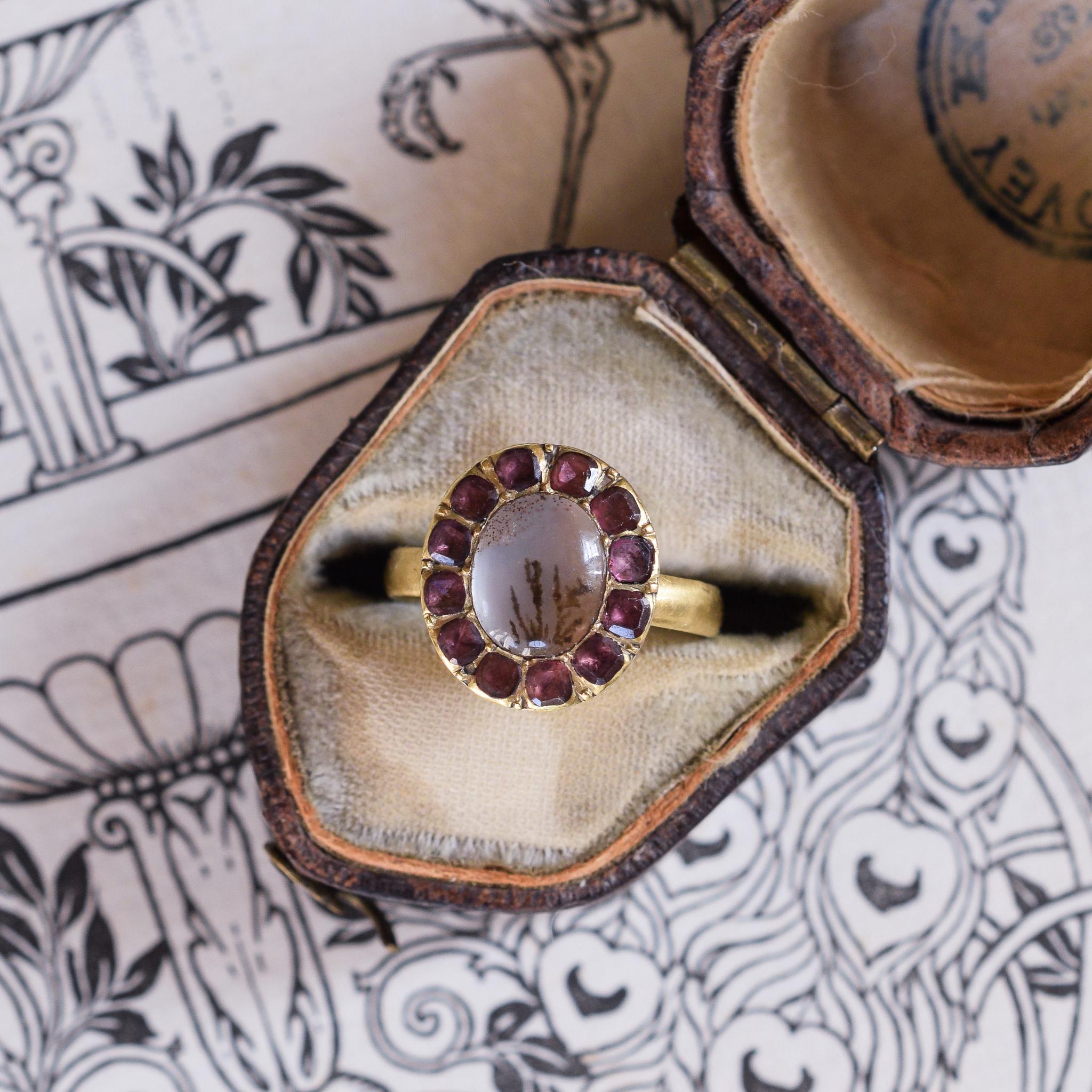 Women's Antique Georgian Dendritic Agate Garnet Picture Frame Ring