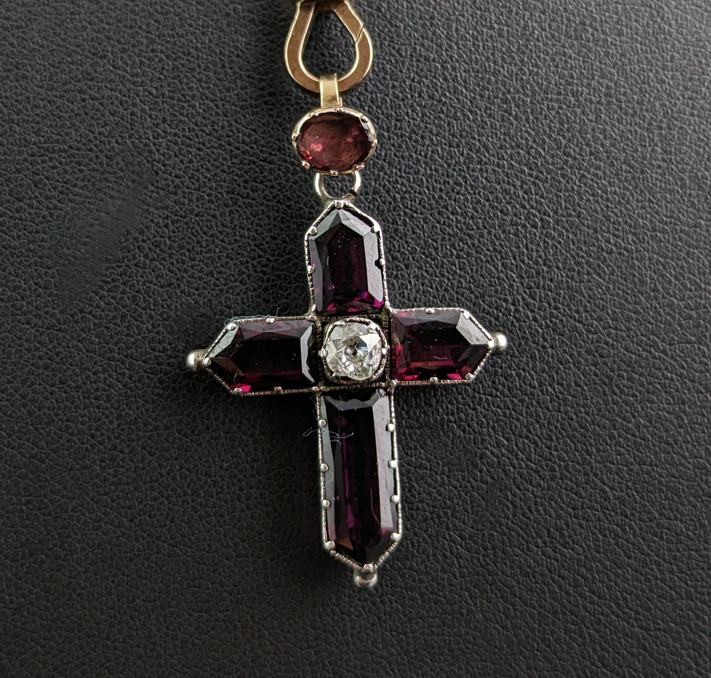 Antique Georgian Diamond and Almandine Garnet Cross Pendant, 9k Gold and Silver 1