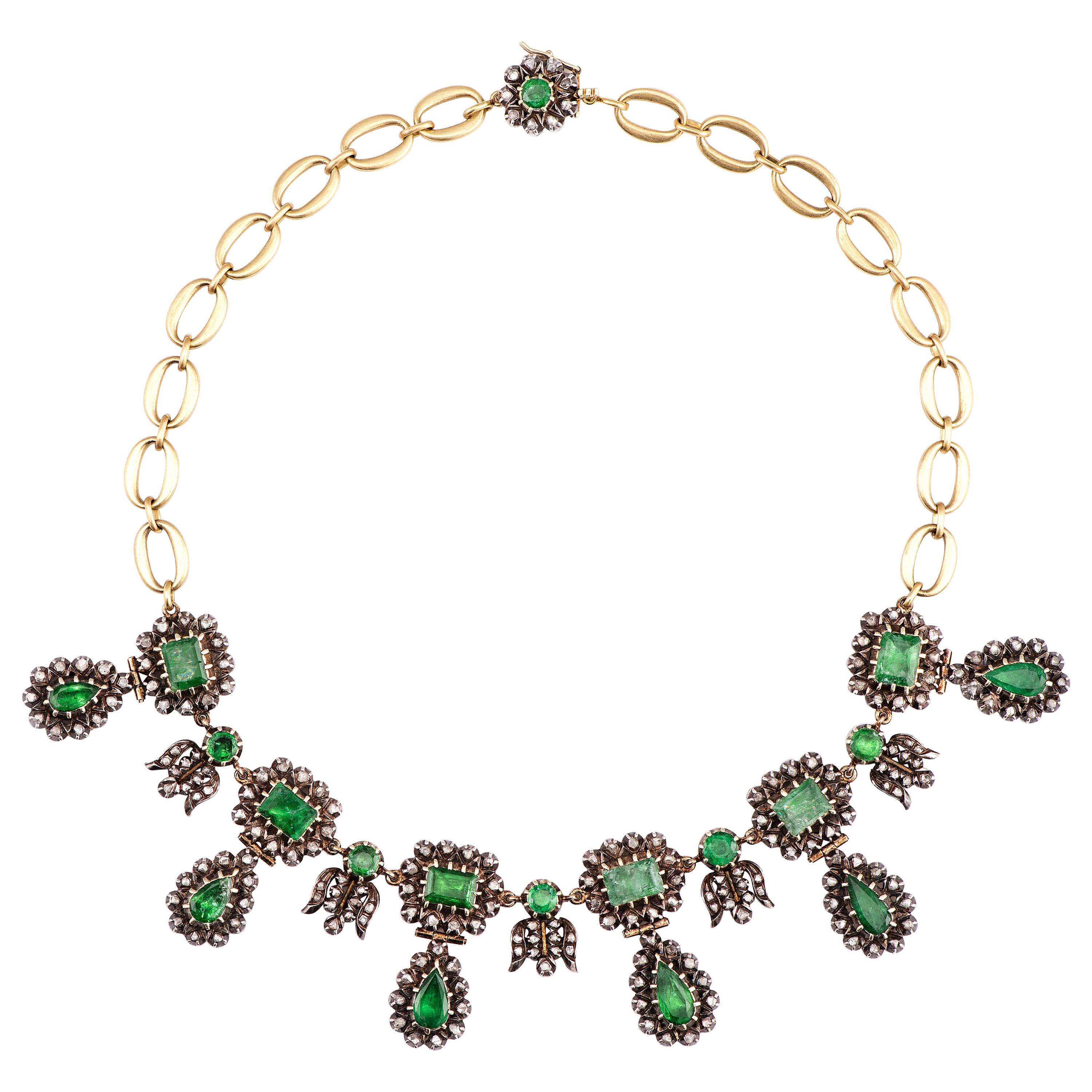 Sylva & Cie Antique Georgian Diamond and Emerald Necklace with 18k Yellow Gold For Sale