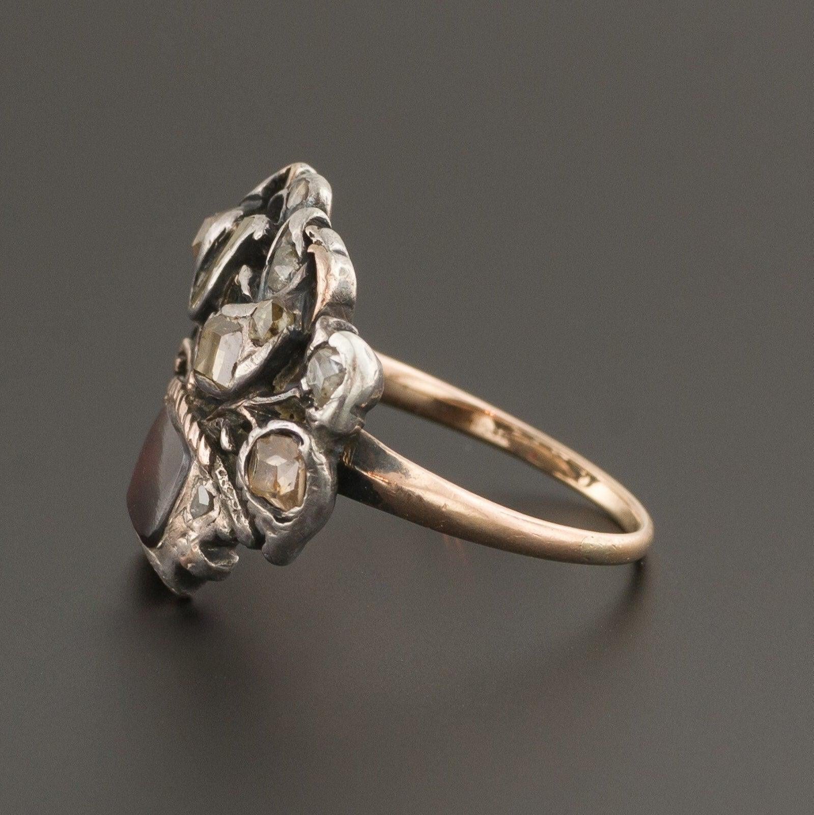Rose Cut Antique Georgian Diamond and Garnet Giardinetti Ring For Sale