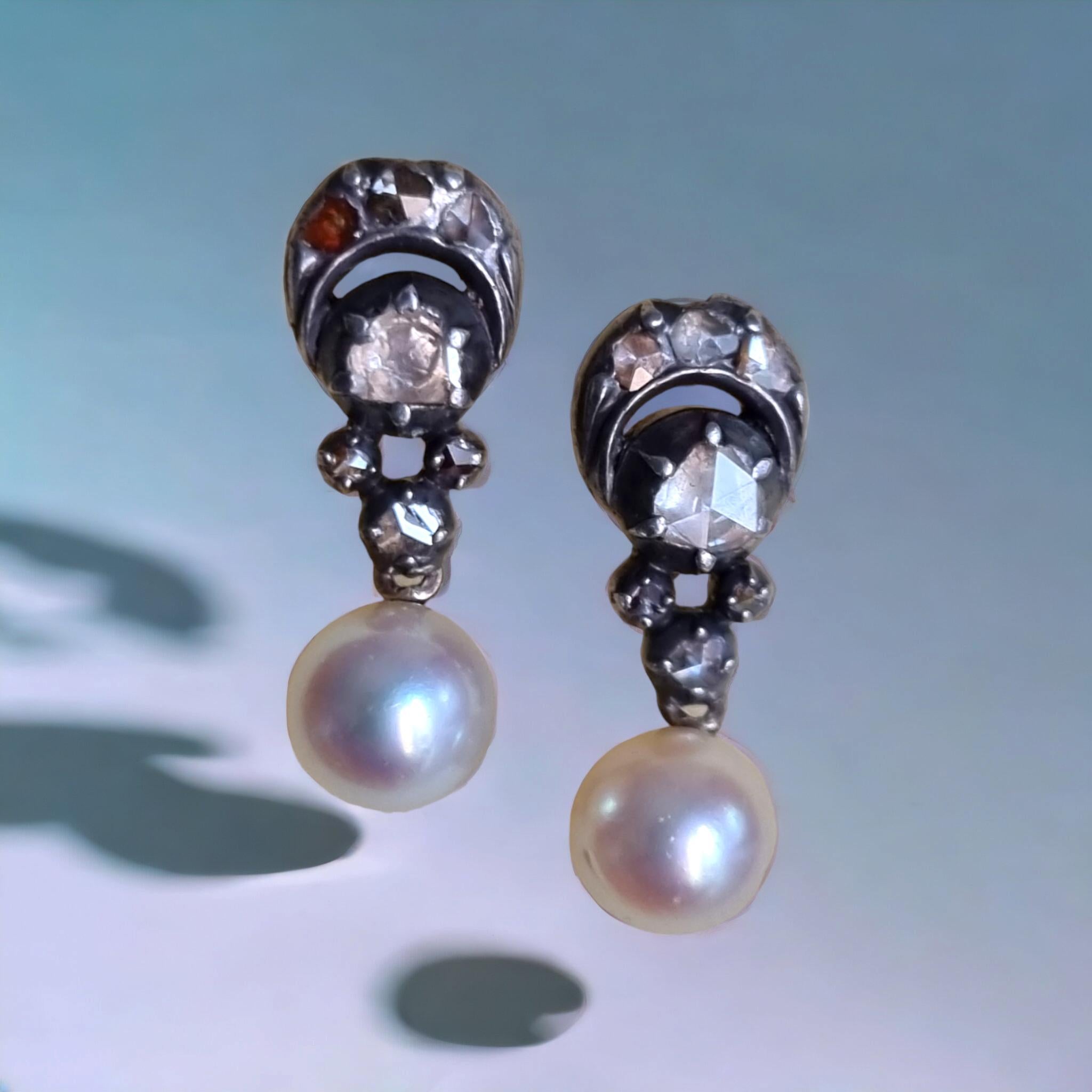 Georgien Boucles d'oreilles pendantes géorgiennes anciennes avec diamants et perles en vente