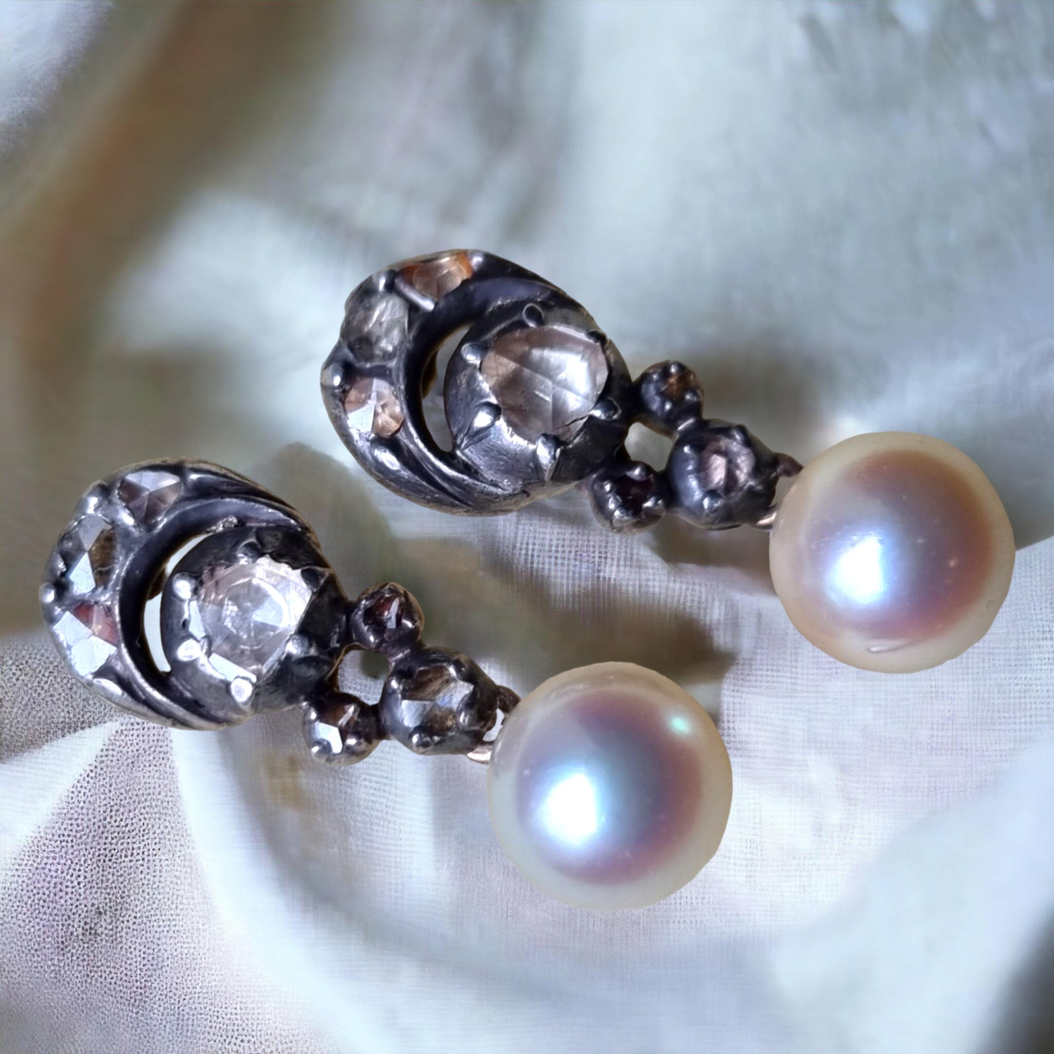Boucles d'oreilles pendantes géorgiennes anciennes avec diamants et perles Bon état - En vente à OVIEDO, AS