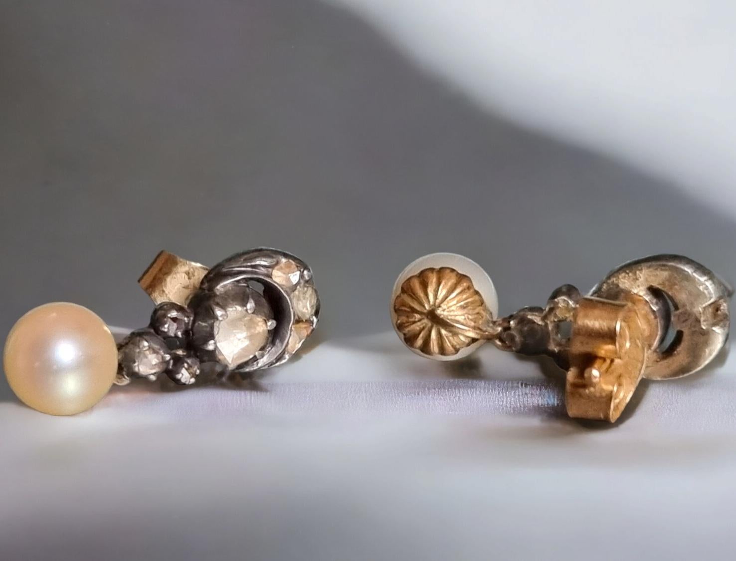 Boucles d'oreilles pendantes géorgiennes anciennes avec diamants et perles Pour femmes en vente