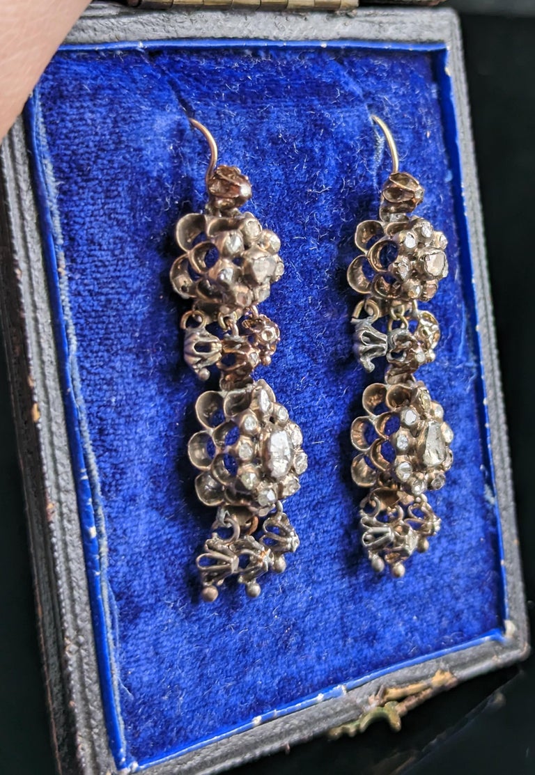 Antique diamond drop earrings, sterling silver and 9k gold For