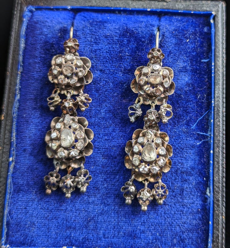 Antique diamond drop earrings, sterling silver and 9k gold For