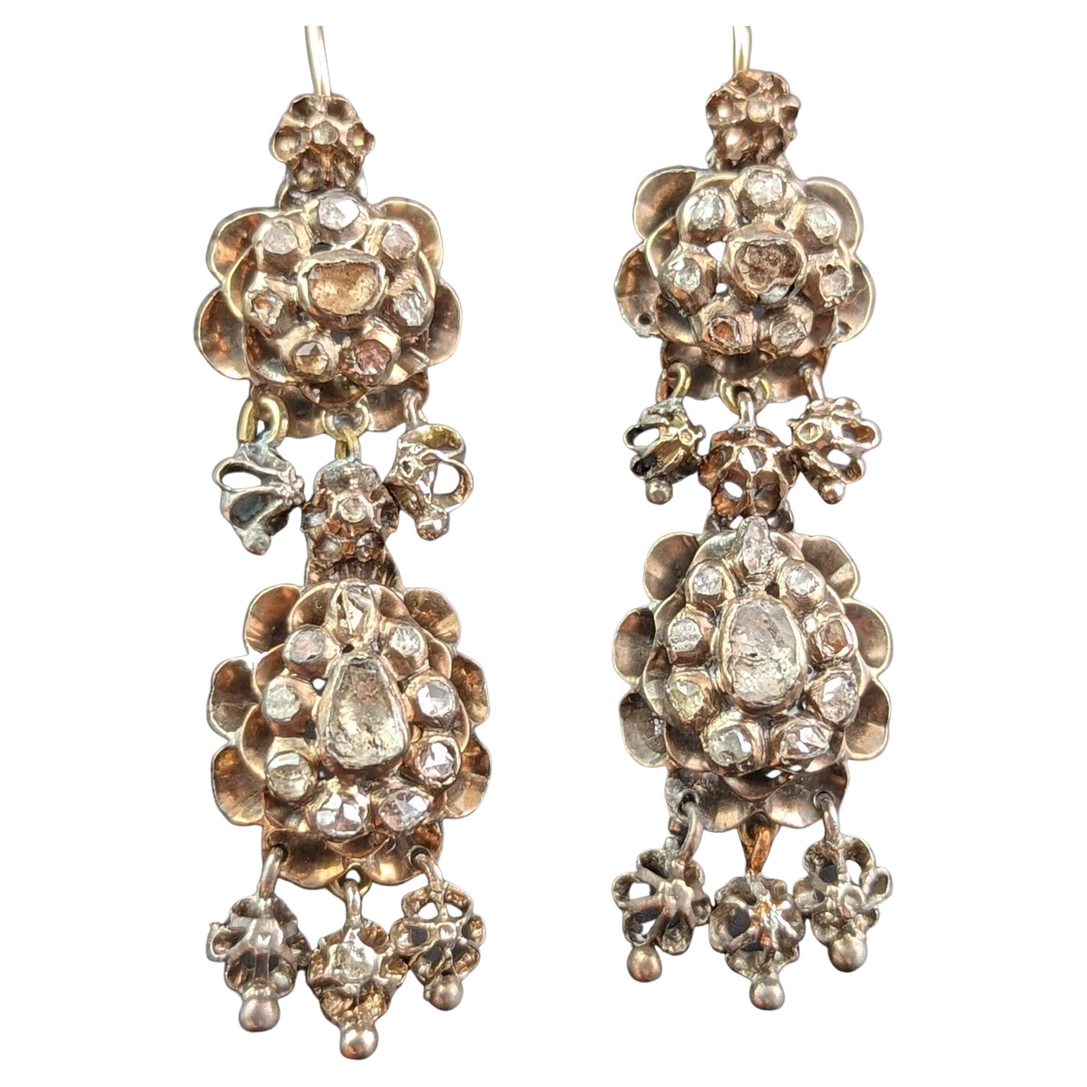 Antique Georgian diamond drop earrings, sterling silver and 9k gold