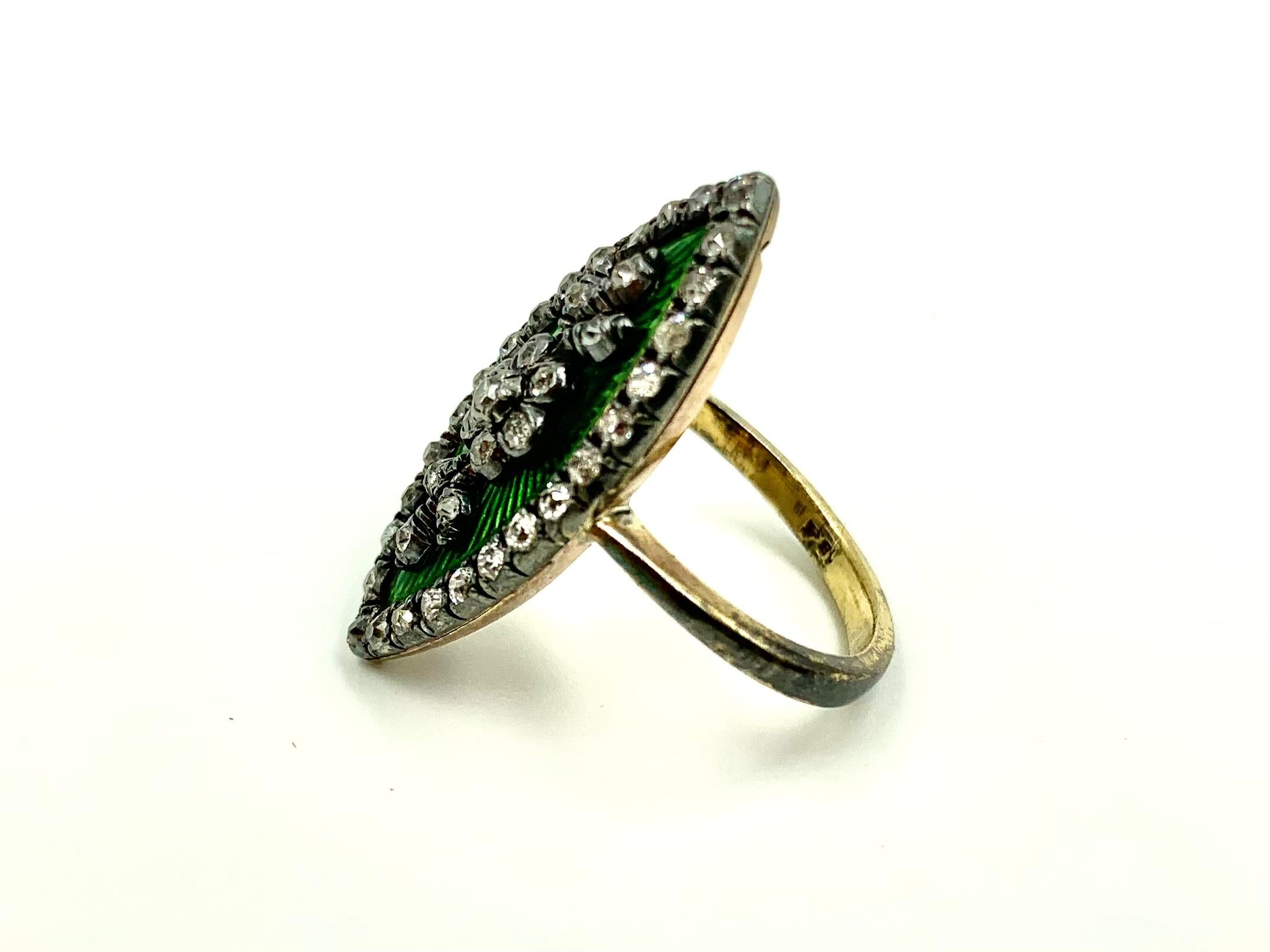 Antique Georgian Diamond Green Guilloche Enamel 18K Gold Forget-Me-Not Ring 3