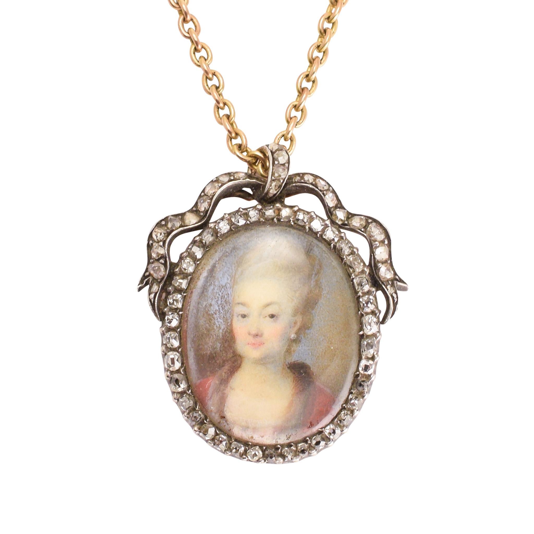 Antique Georgian Diamond-Set Portrait Miniature Pendant Necklace