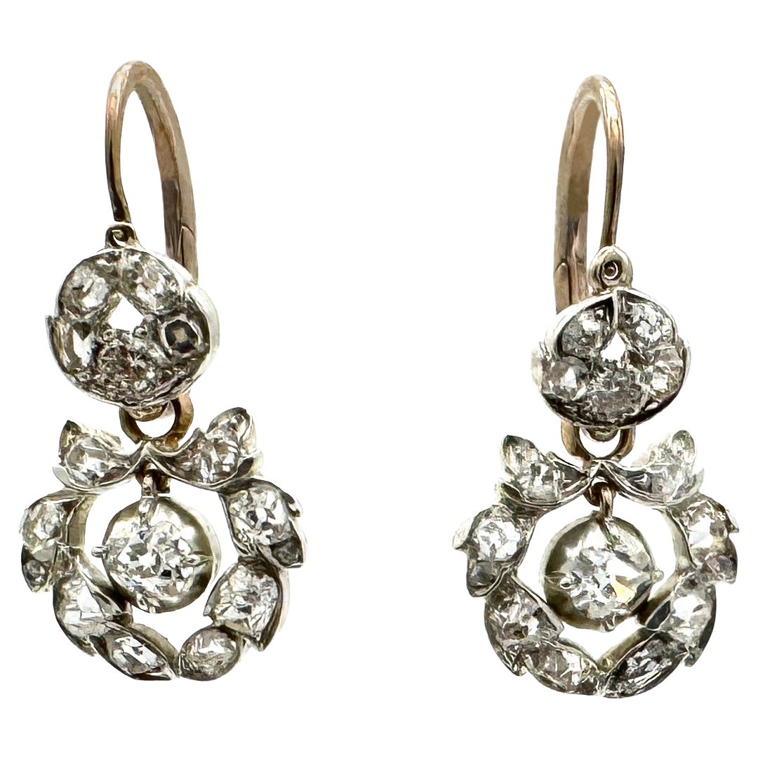 Antichi orecchini a pendente in argento con diamante georgiano e scatola originale rossa in vendita