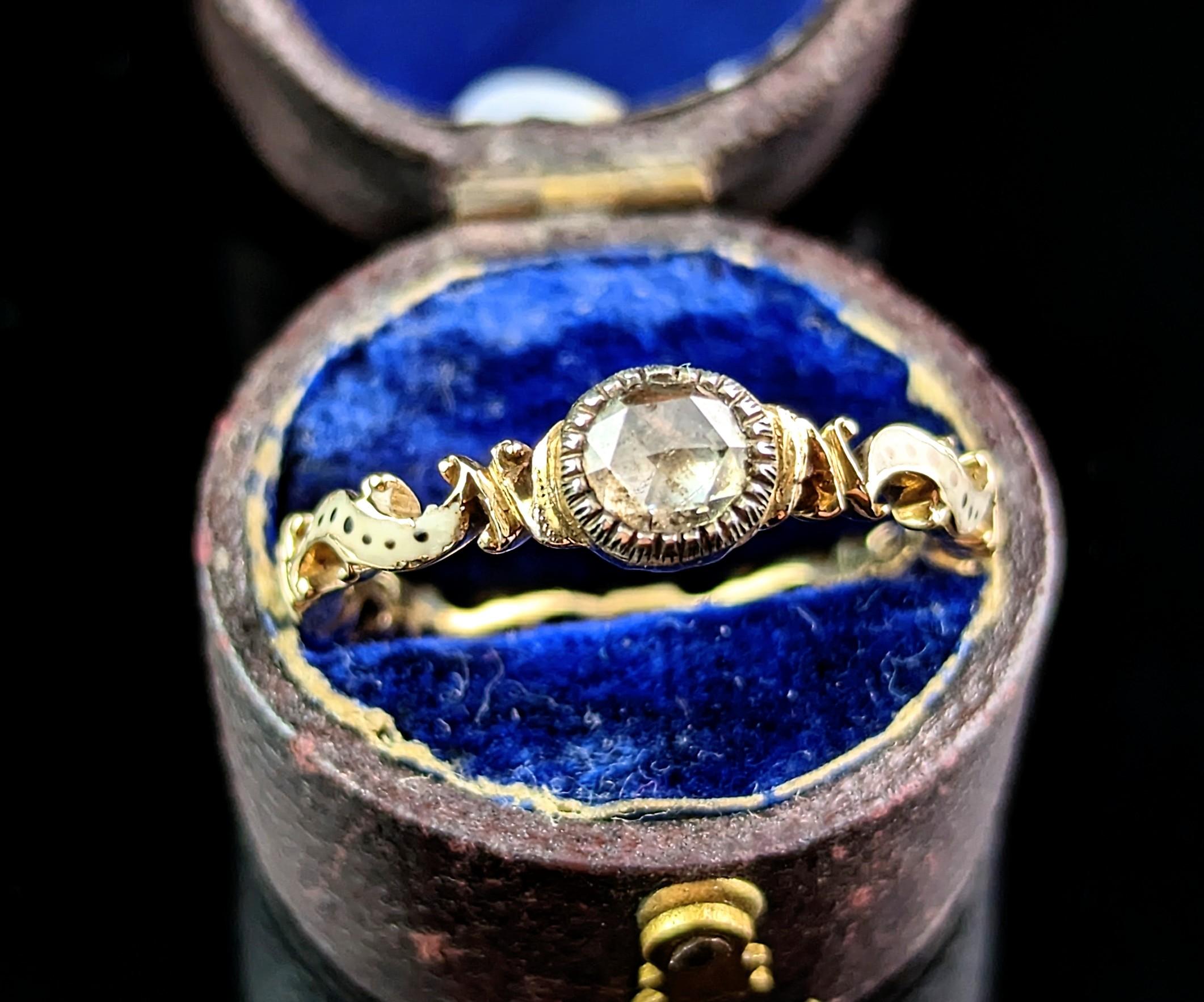 Rococo Antique Georgian Diamond Solitaire Ring, White and Black Enamel, 18th Century For Sale