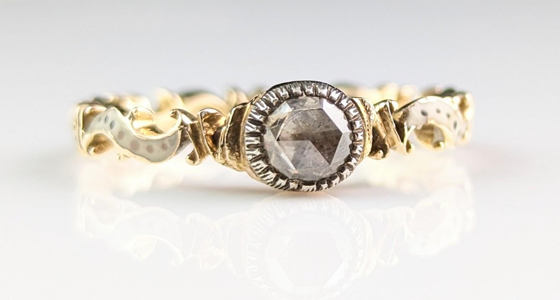 Women's or Men's Antique Georgian Diamond Solitaire Ring, White and Black Enamel, 18th Century For Sale