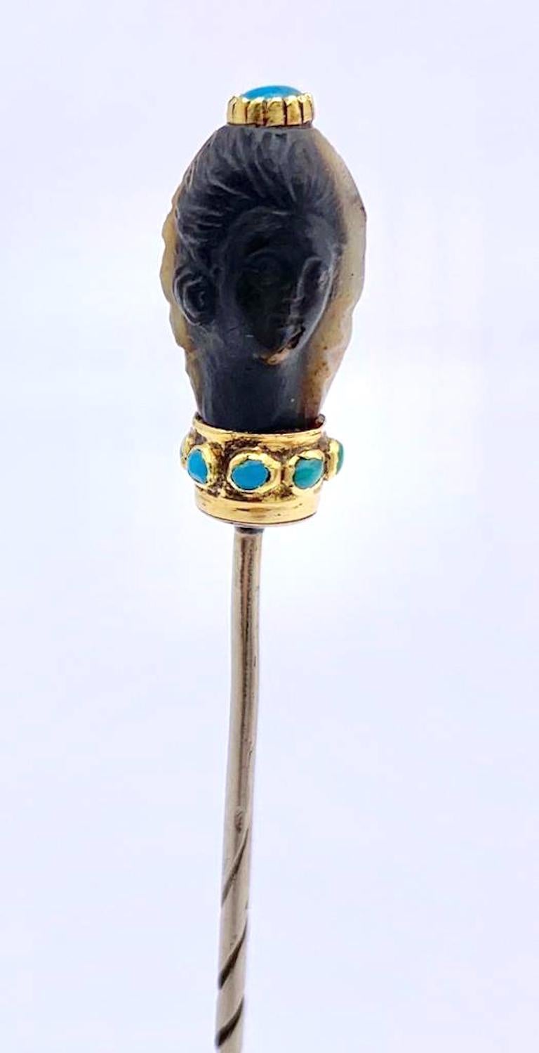 Women's or Men's Antique Georgian Double Head Sardonyx Gold Turquoise Stick Pin For Sale