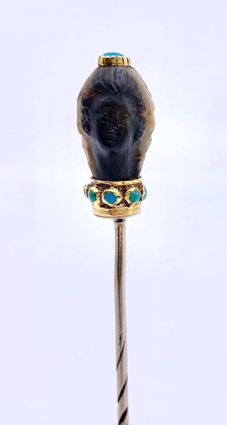 Antique Georgian Double Head Sardonyx Gold Turquoise Stick Pin For Sale 1