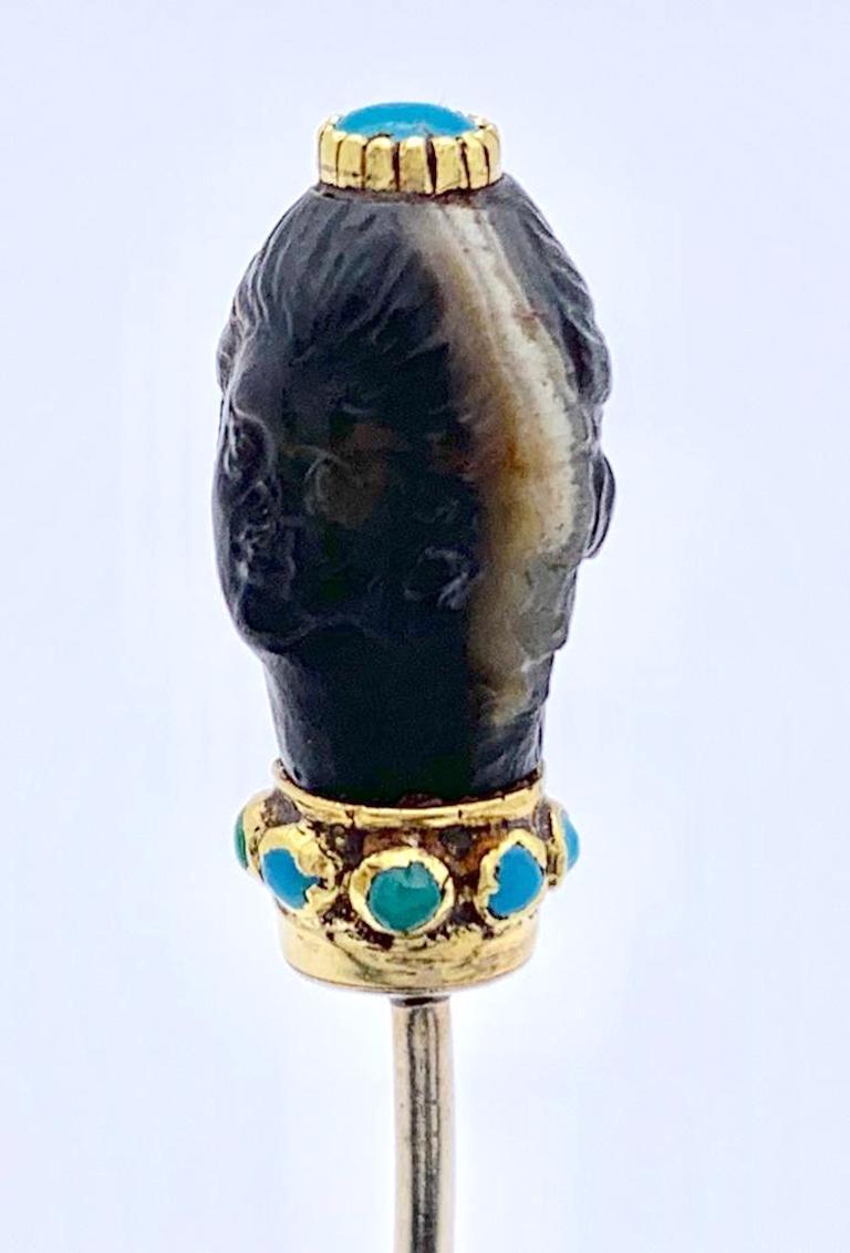Antique Georgian Double Head Sardonyx Gold Turquoise Stick Pin For Sale 2